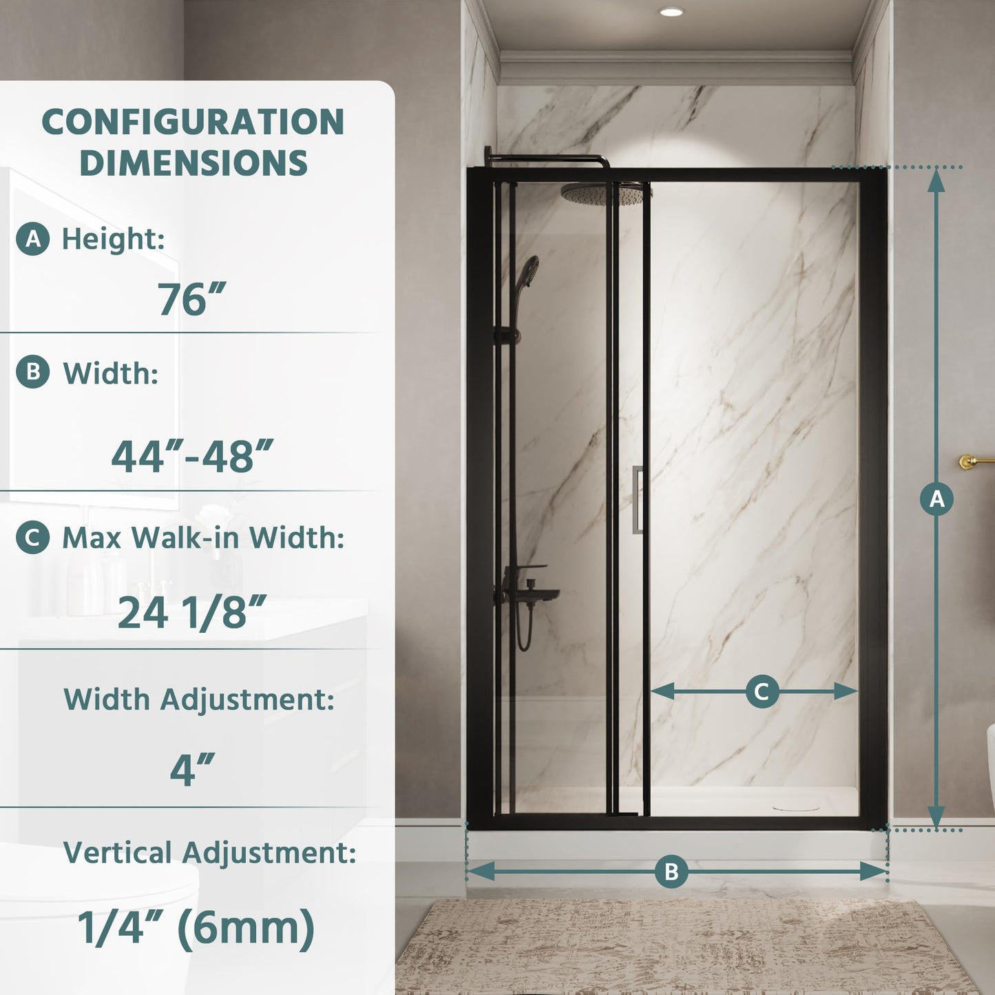 ComfyStyle 44"-48"W x76''H Tri-Fold Sliding Shower Door, Wide Walk-In Opening, Space-Saving Triple Shower Doors with Flexible Folding Glass Panels, Hidden Roller System, 6mm SGCC Tempered Glass, Black