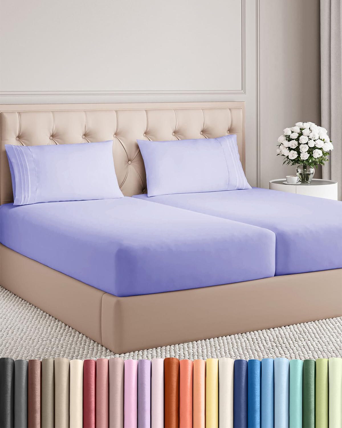 Split King Size Sheet Set by Oeko-Tex | 5-Piece Cooling & Breathable Bedding - Soft, Wrinkle-Free Lavender