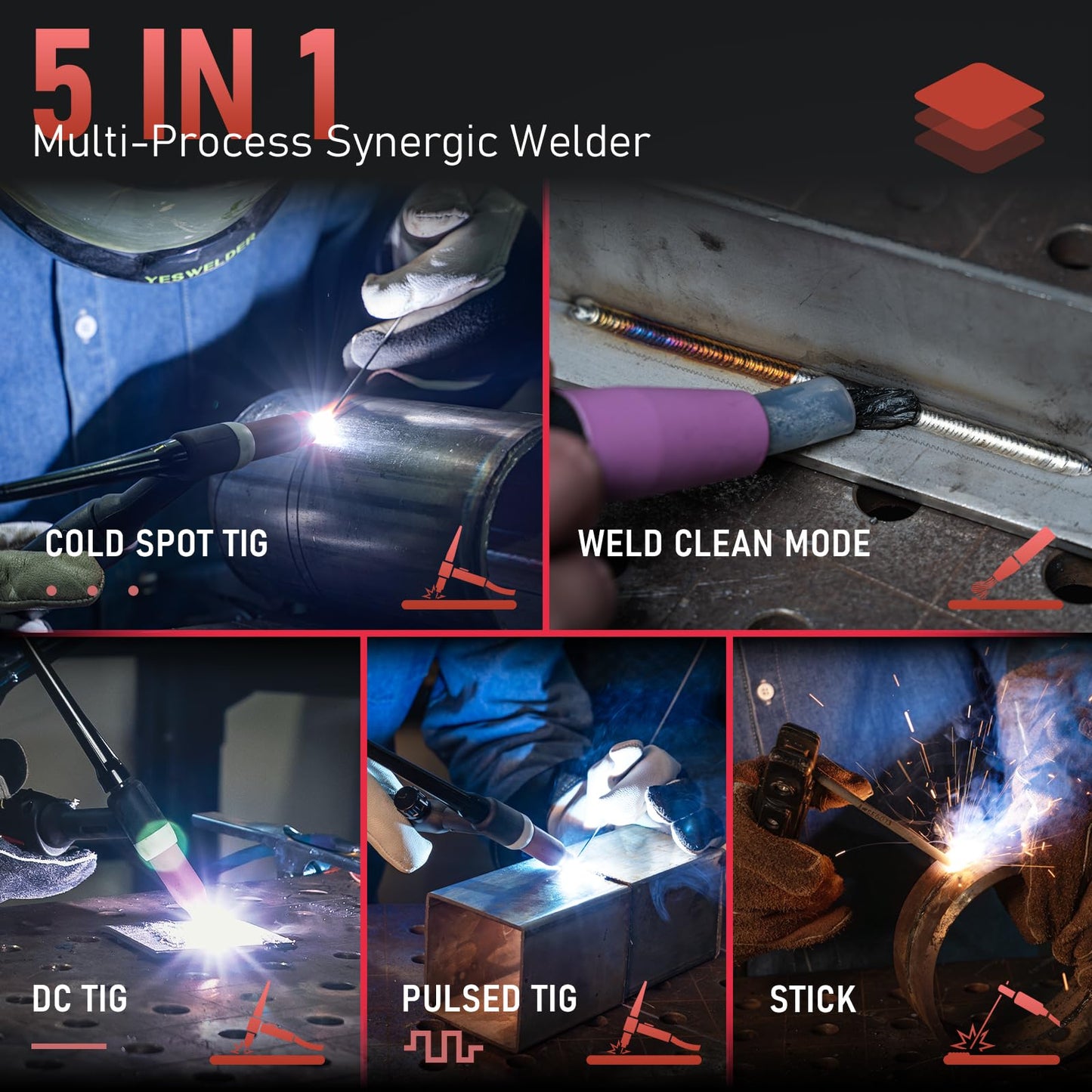 YESWELDER 220A TIG Welder 5 In 1 with Pulse, 110V/220V Dual Voltage STICK/DC TIG/PULSE TIG/COLD SPOT TIG/WELD CLEAN MODE with HF Start, Auto Post-Gas, Foot Pedal Interface