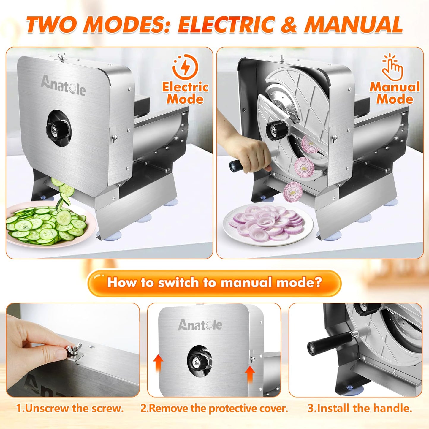 Anatole Electric Vegetable Slicer Commercial Fruit Cutter Stainless Steel 0-0.4'' Thickness Adjustable with Manual Mode for Tomato Onion Potato Cabbage Lime Orange