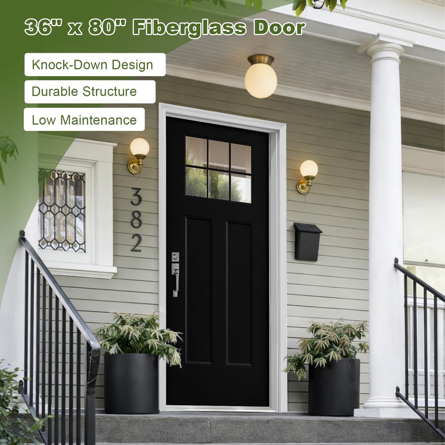 36"x80" Front Entry Door, Black Woodgrain Finish, 4-9/16" Jamb, Fiberglass Front Door with Classic 6-Lite Clear Glass, Right-Hand Inswing