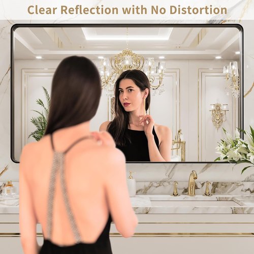 LOAAO Black Metal Framed Bathroom Mirror - Large Rounded Rectangle, Anti-Rust Tempered Glass, 50x30 Inch