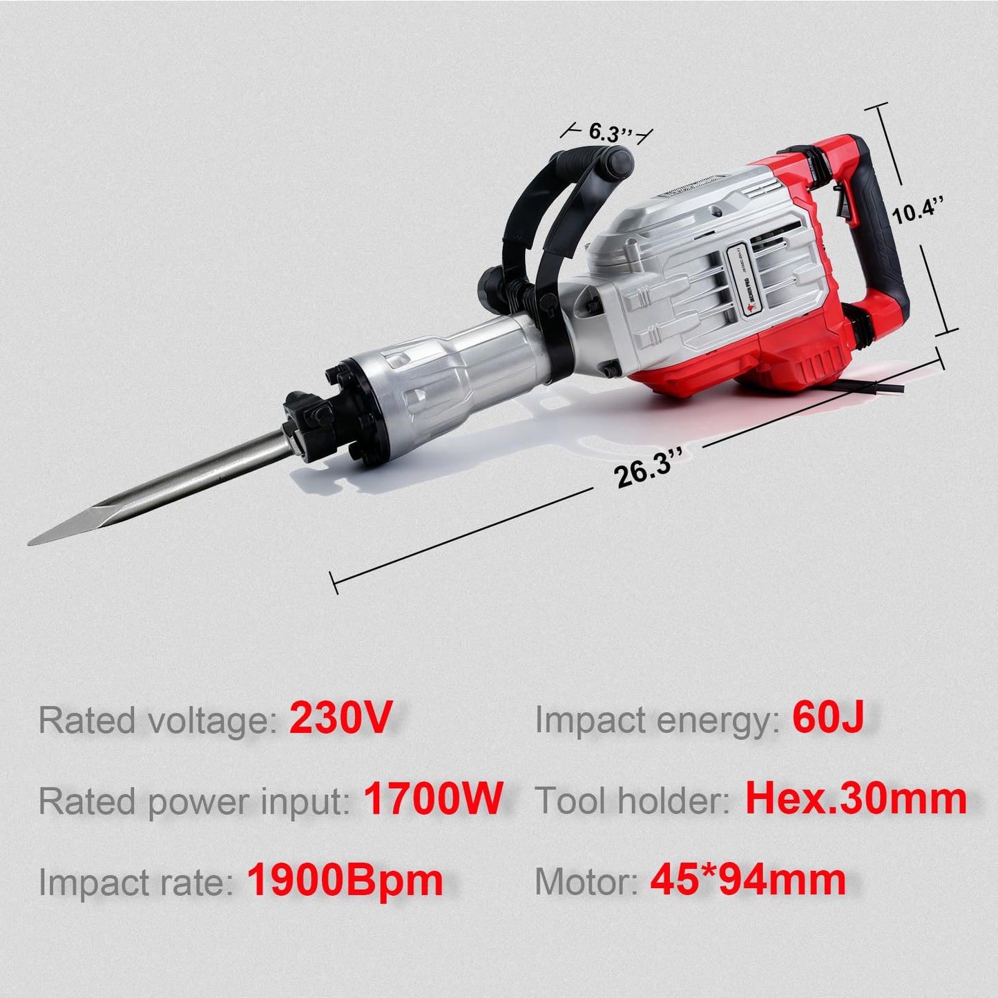 JKCHENPRO Heavy Duty Demolition Jack Hammer – Max 3500W, 1900 BPM Electric Concrete Breaker with 60J Impact Force, Includes 2 Chisels for Trenching, Breaking Holes & Construction Work
