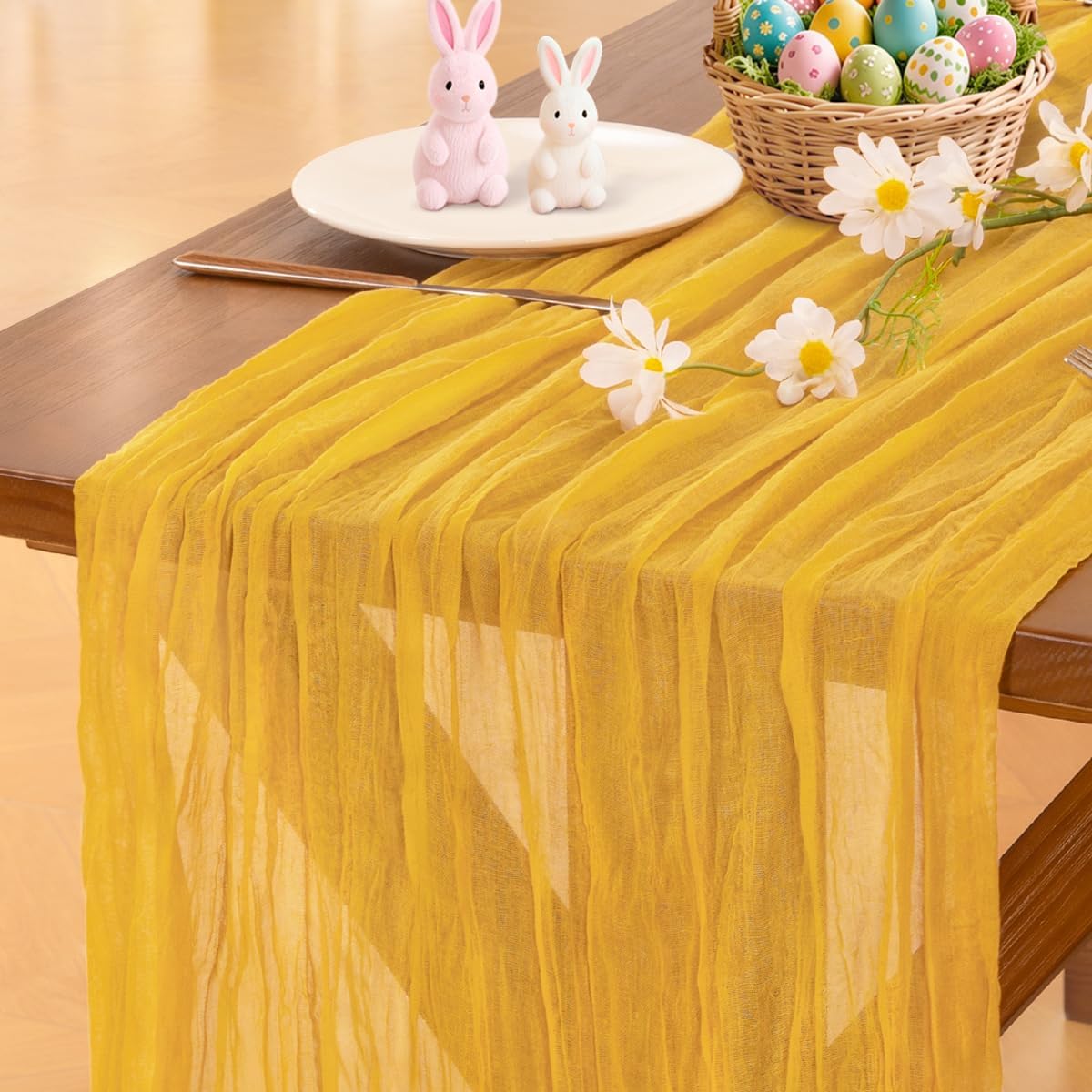 Socomi Gold Yellow Cheesecloth Table Runner - 120 Inch Rustic Boho Decor for Weddings & Events