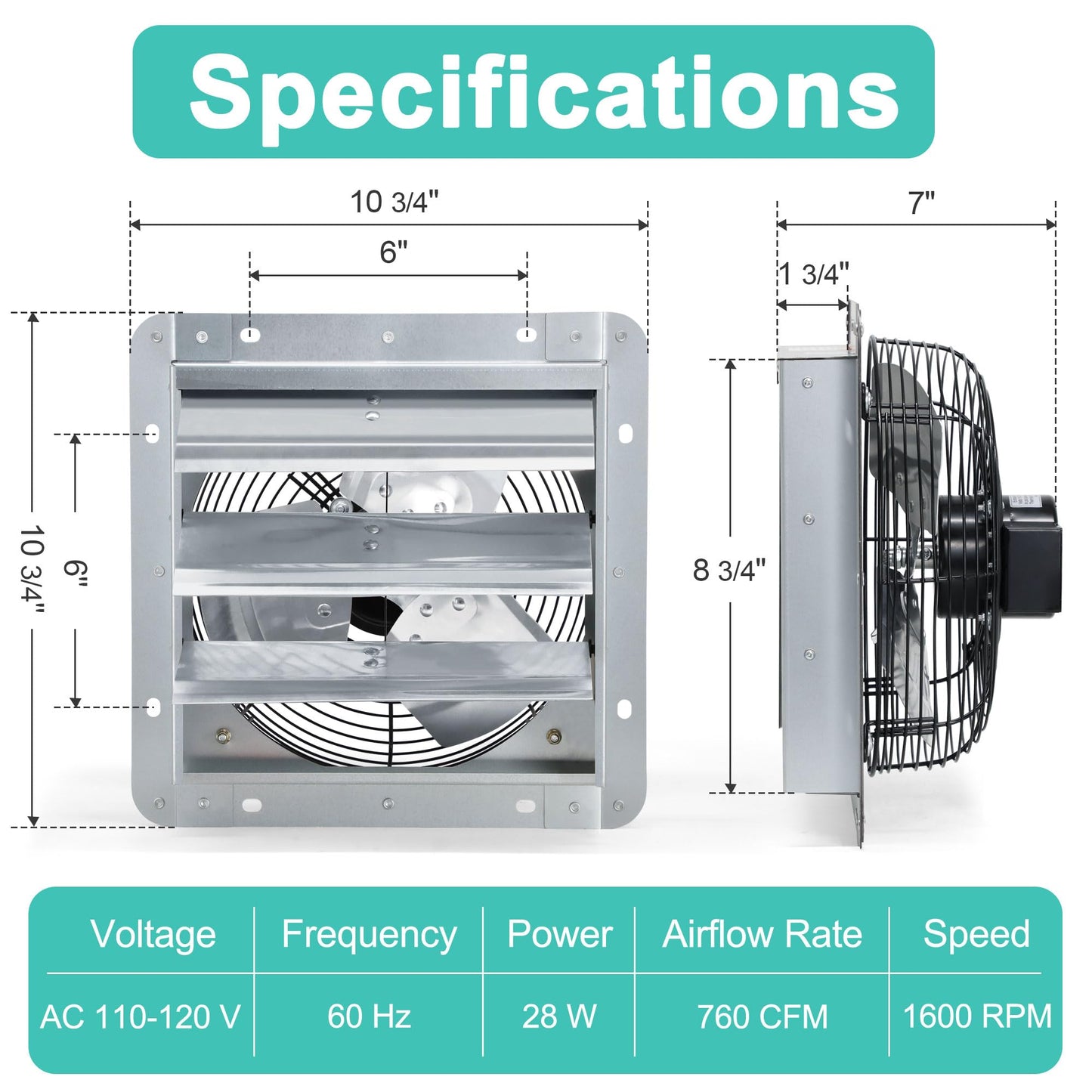 Hipoilk 7 Inch Shutter Exhaust Fan with Speed Controller and Power Cord, Wall Mount Attic Fan for Greenhouses, Sheds, Garages, Chicken Coops, Barns Ventilation, 760 CFM