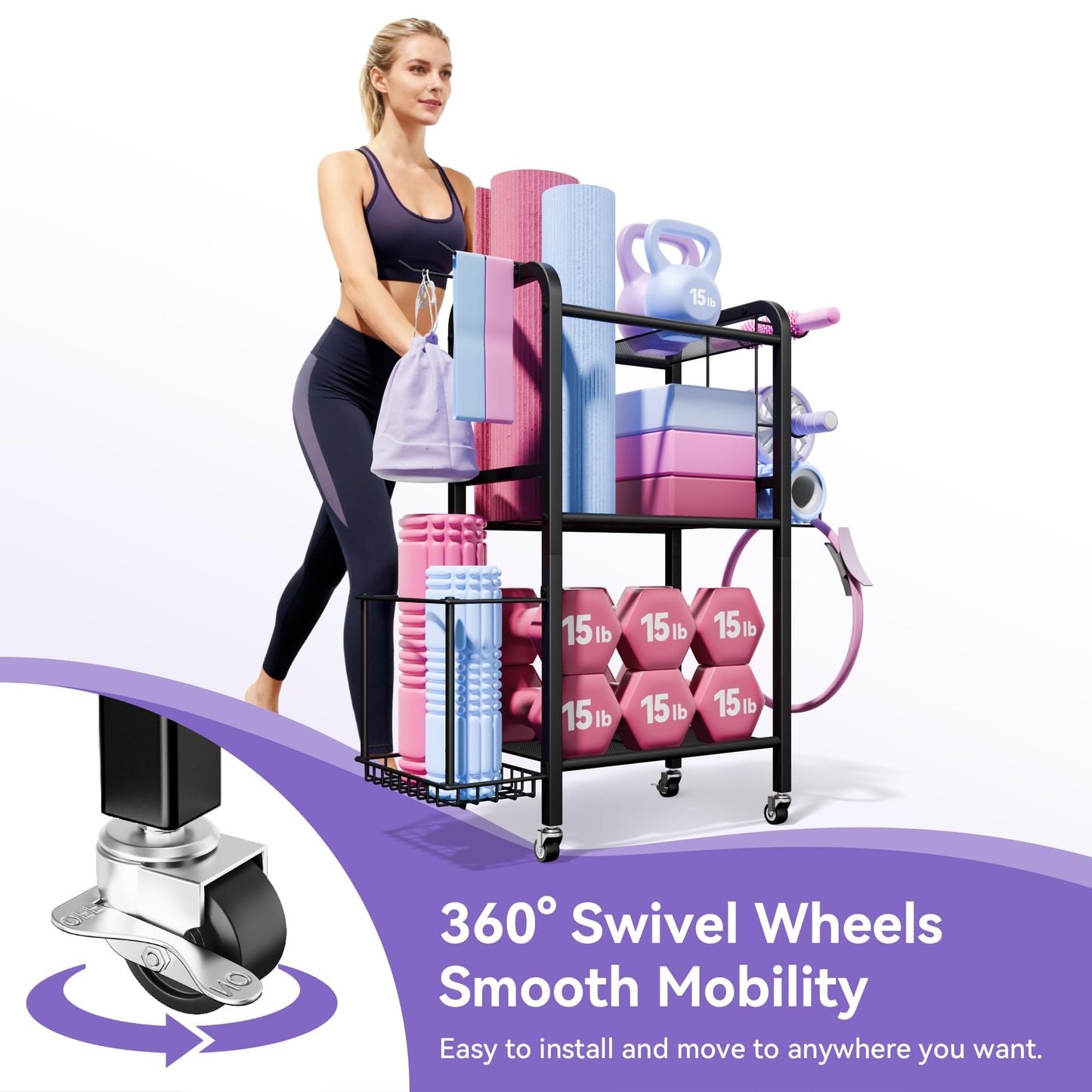 Josmimic 3-Tier Heavy-Duty Home Gym Storage Rack with Hooks and Smooth Wheels for Workout Gear