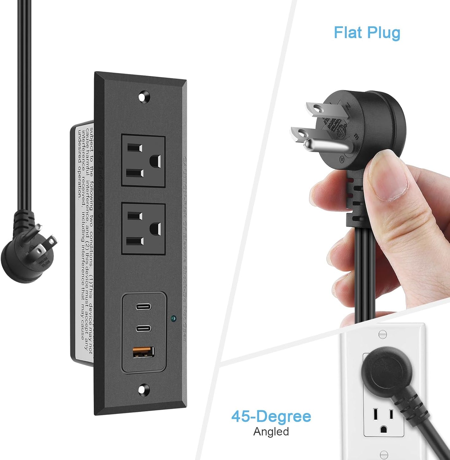CCCEI 45W 6 45 Recessed Power Strip with USB-C Ports, Fast Charging USB A Port Desk Outlet, Black Furniture Hidden