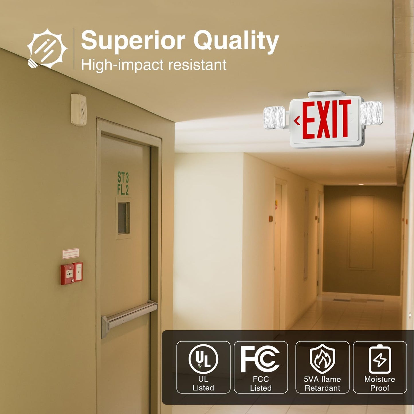 FREELICHT 2 Pack LED Exit Sign with Emergency Lights, Adjustable LED Emergency Exit Lights with Battery Backup, Easy To Install, UL Certified, AC 120/277V
