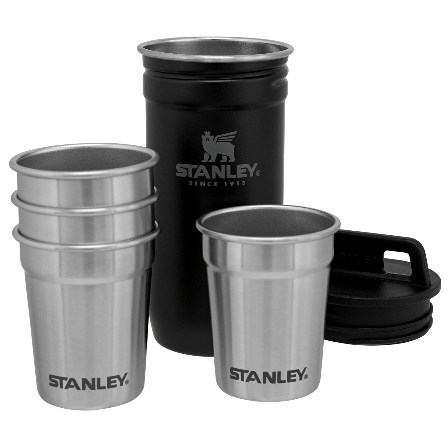 Stanley Adventure Pre-Party Flask and Nesting Shot Glass Set | 8 oz Leakproof Hip Flask | 4 Shot Glasses in Travel Carrying Case | Insulated Stainless Steel Liquor Flask | BPA-Free | Matte Black