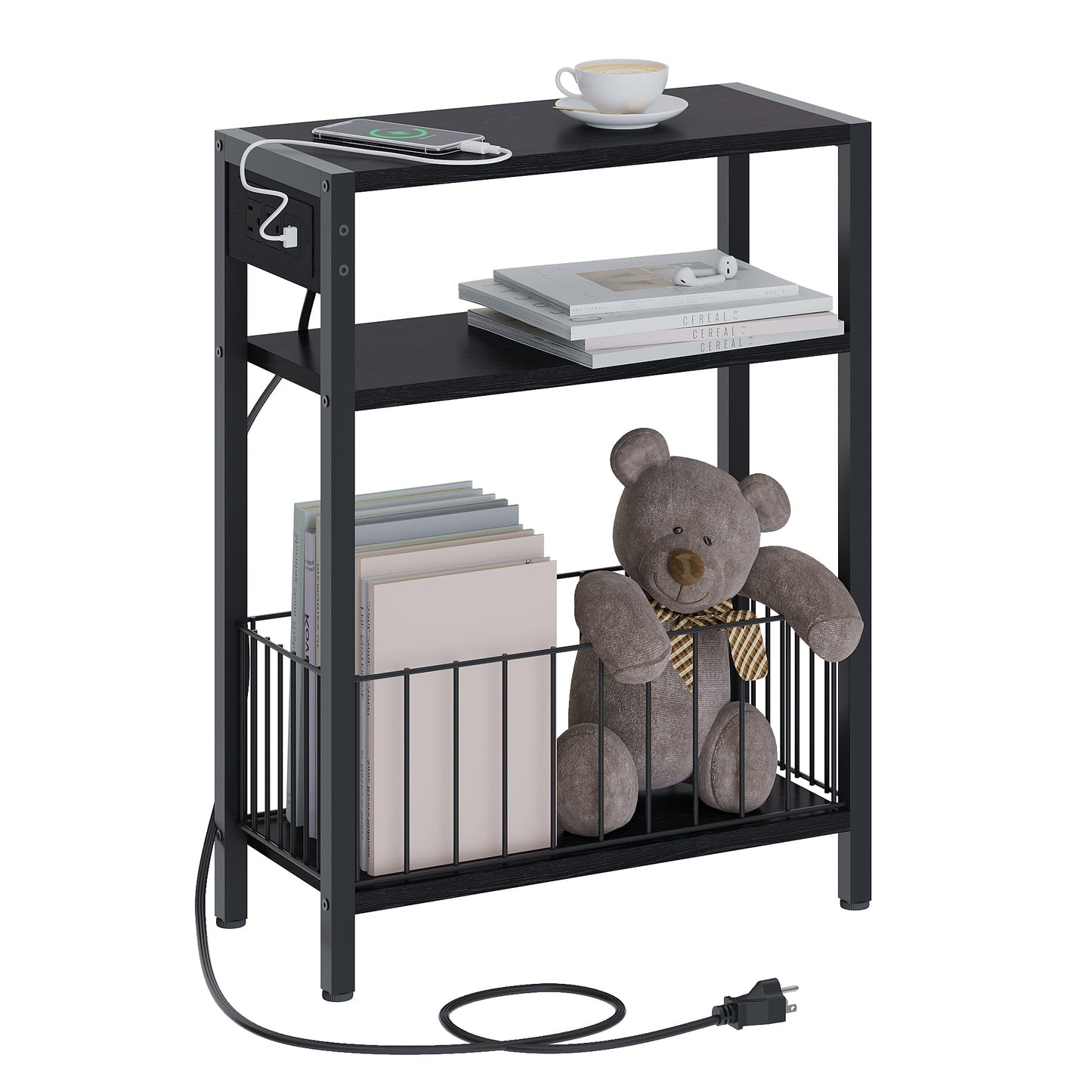 TRIFEBLE Narrow Side Table with Charging Station, Small End Table for Small Spaces, Slim Nightstand with Storage Basket, 3 Tier Skinny Bedside Table for Living Room, Bedroom, Black