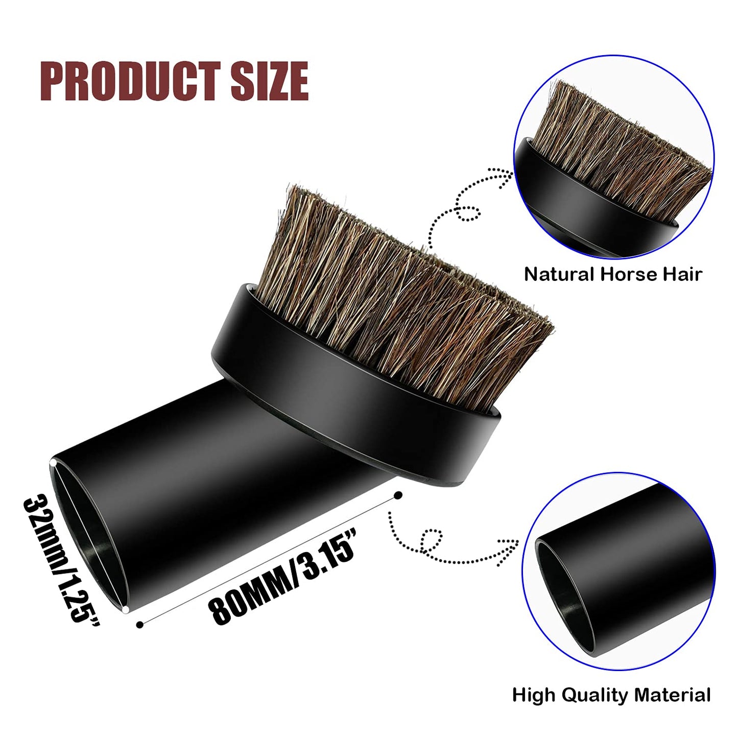 Round Dust Brush 25mm Soft Horse Hair 1.25” Vacuum Attachment Replacement with 1-1/4" to 1-3/8 Horse Adapter