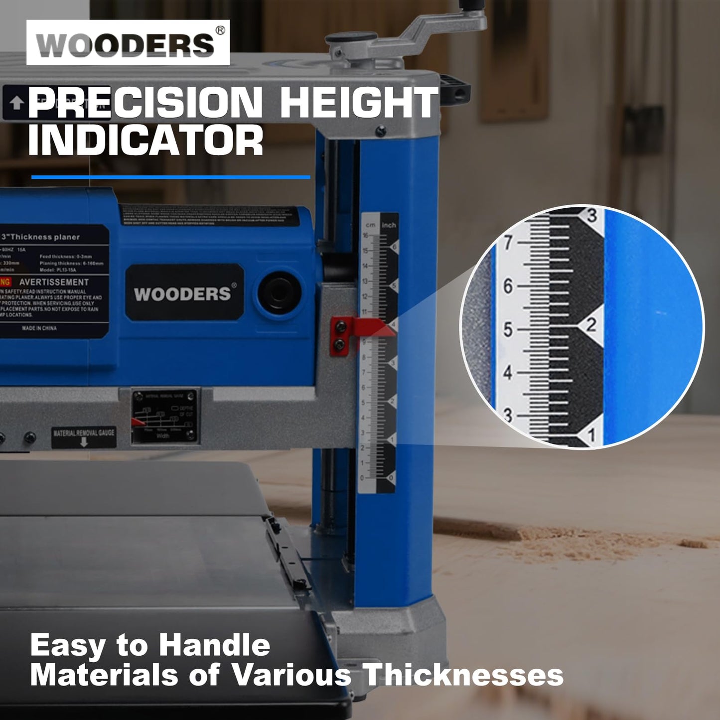 WOODERS 13-inch Thickness Planer, 15Amp, 2000W, 10000RPM, All Copper Motor, Dual-Blade Cutterhead, Includes 2 Extra Planer Blades, Height Indicator, Overload Protection, for Hard & Soft Wood working