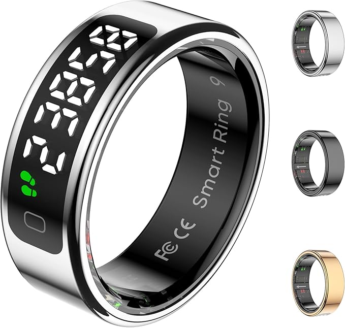 Smart Ring Health Tracker with Display Screen, Sleep Tracker Ring with Heart Rate, Fitness Ring Step tracker for Activity Monitoring/Steps/Calories,Wireless Charging, for iOS Android (Silver,8#)