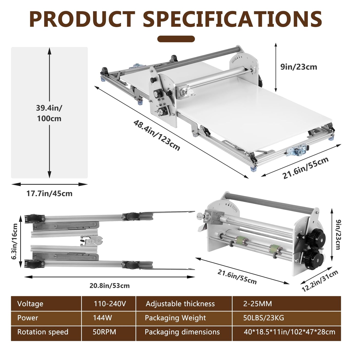 Electric Dough Sheeter Machine 17.7" Commercial Dough Rolling Machine Electric Dough Roller Machine Folding Dough Sheeter Reversible Control with 0-25MM Thickness Adjustment