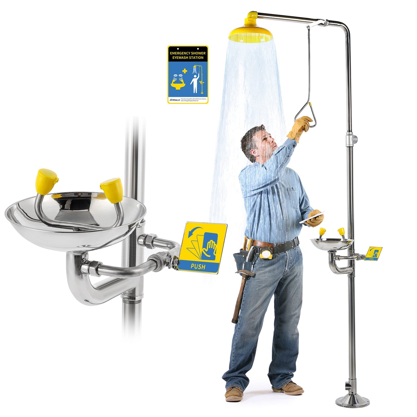 Combination Eye Wash Station and Shower, Emergency Shower Eyewash Station OSHA Approved, Stand Plumbing Eye Washing Unit for Industrial & Commercial & Lab Use, Stainless Steel, NPT Threads