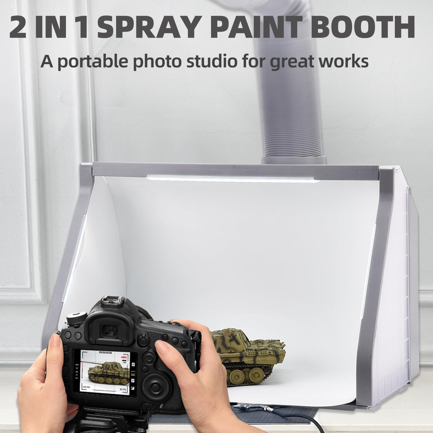 OPHIR Airbrush Spray Booth, Double Fans Paint Spray Booth with 3 Led Lights, Mini Photo Booth with White Photography Paper, 10xColoring Clips, 30xSpeed Shape Vinyl Car for Hobby, Model, Craft Painting