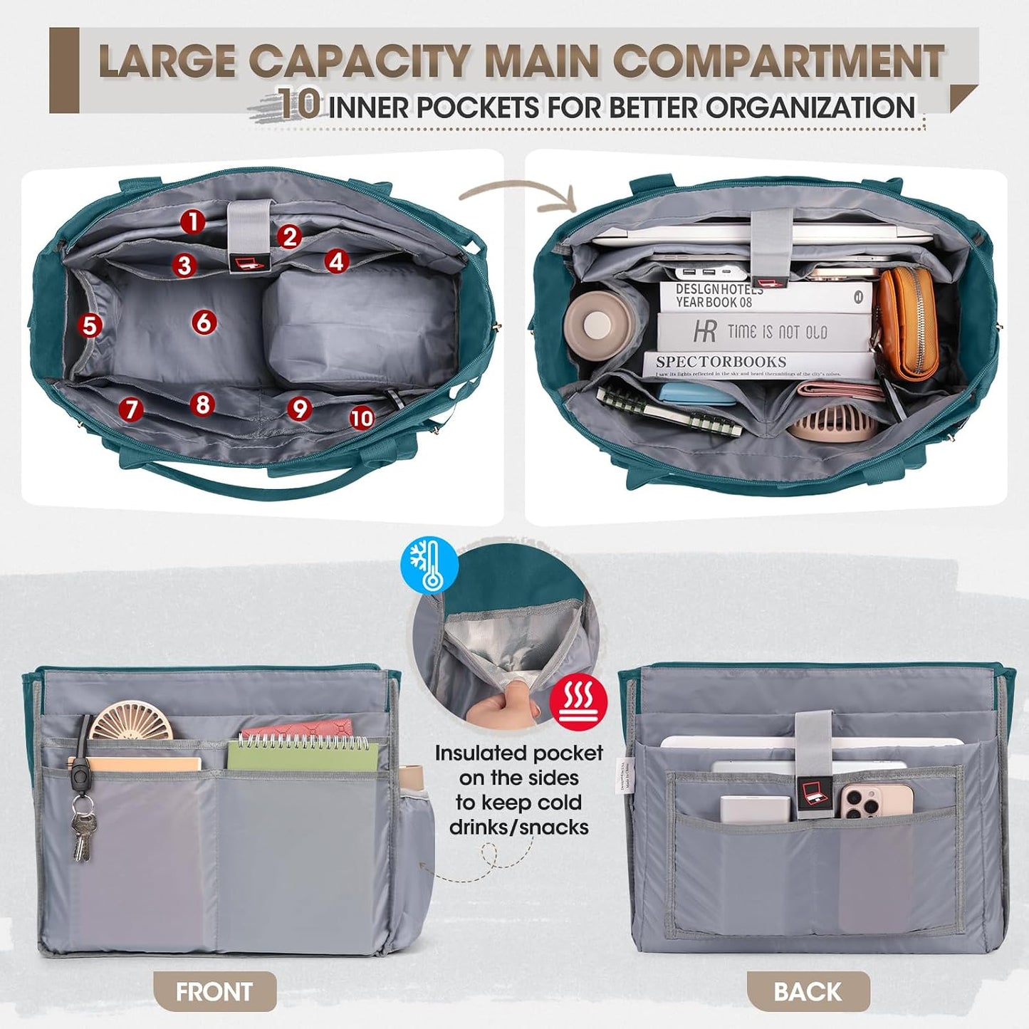 15.6 inch RAINSMORE Teacher Tote Bag with Insulated Lunch Compartment Laptop Bag for Women Lightweight Work Bags Nurse