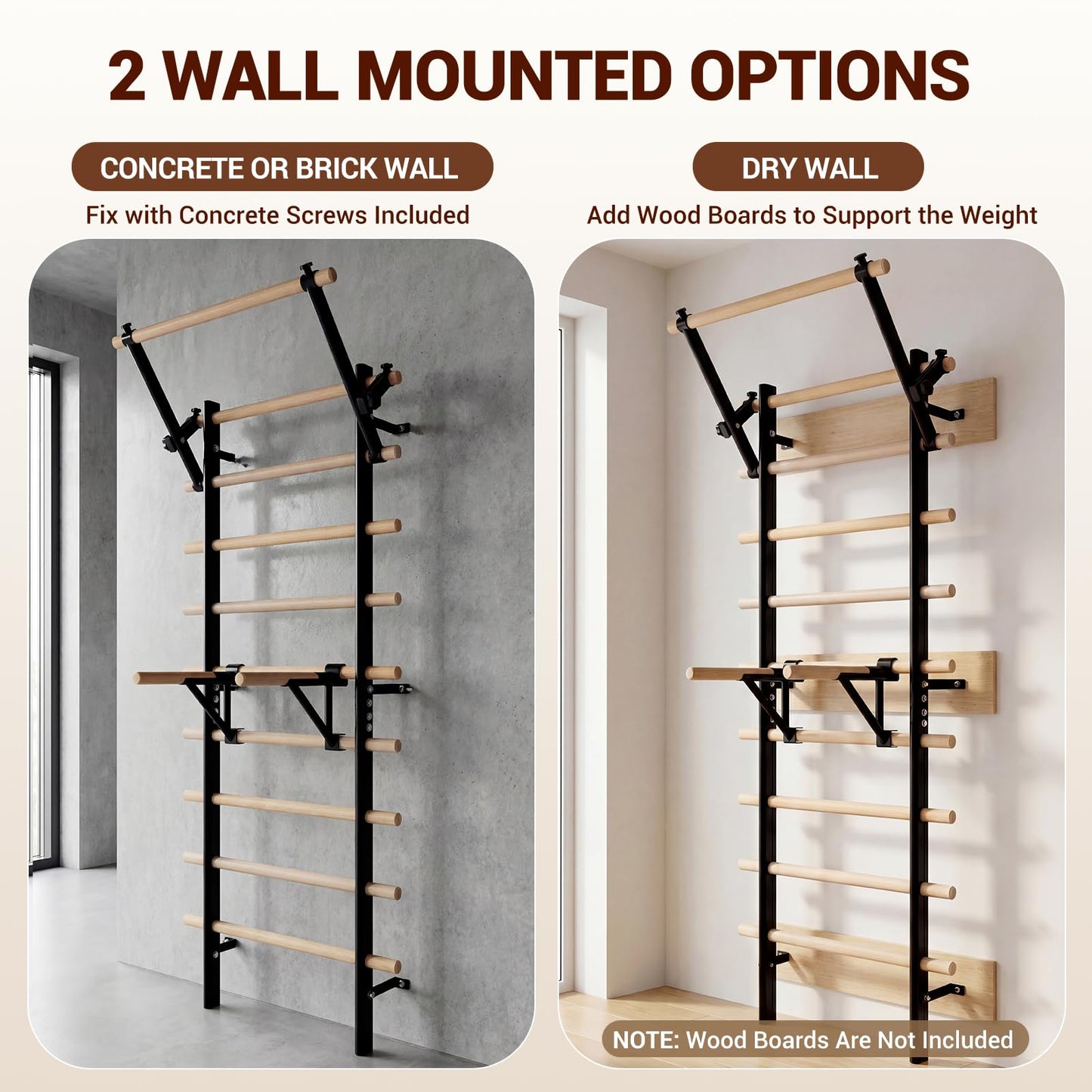 GMWD Swedish Ladder, Wood Stall Bar, Suspension Trainer with Pull-Up Bar and Dip Bar Attachments, Wooden Stall Bar with 9 Strategic Rods for Core Strengthening and Stretching Balanced