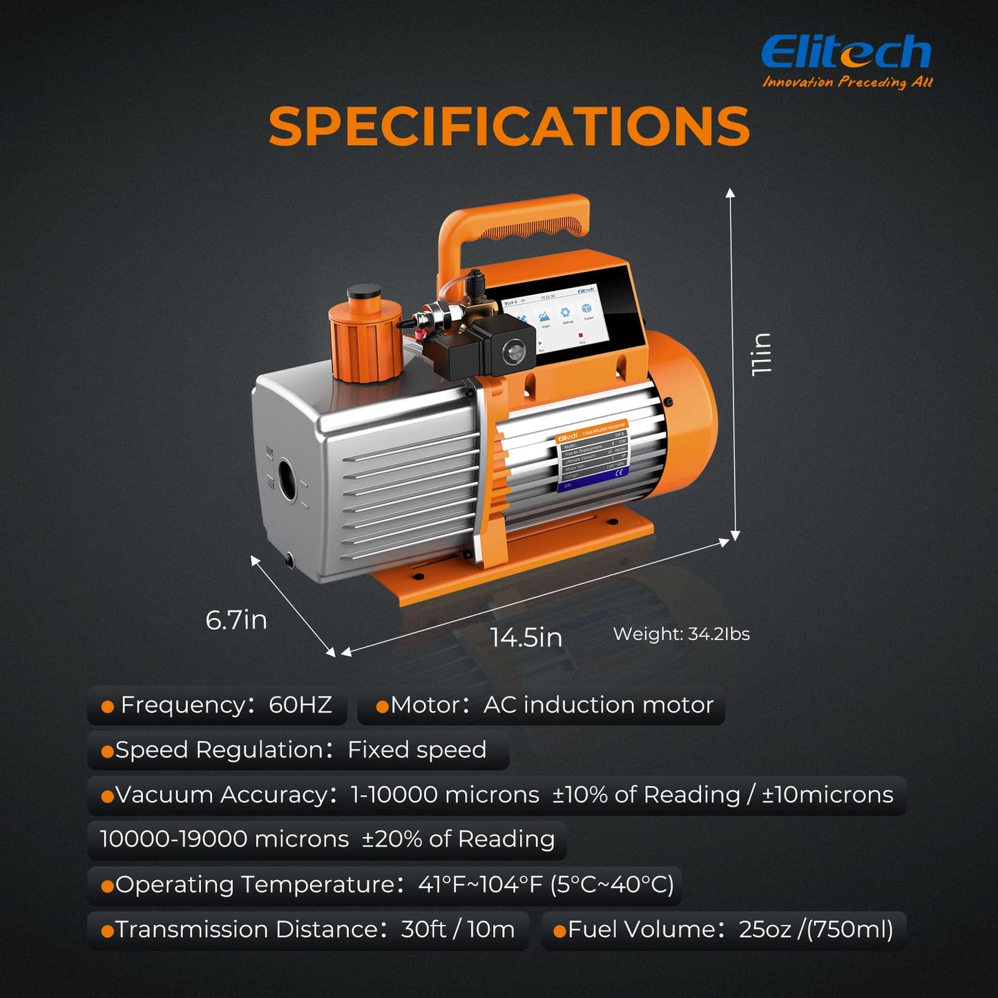 Elitech 12 CFM HVAC Vacuum Pump with External Micron Gauge, 1 HP Dual-Stage Rotary Vane Pump, 4" Touchscreen & App, Fast Evacuation for AC, Refrigeration, Mini Split, R12/R22/R134a/R410a- SVP-12 Pro