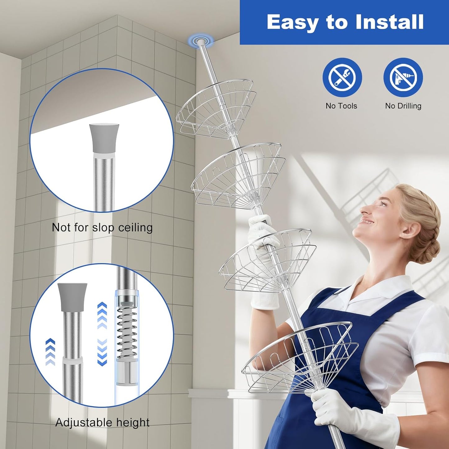 Skiennix Corner Shower Caddy - Aluminum Tension Pole Organizer with 4 Adjustable Rustproof Shelves | 47-121 Inch, No Drilling, Quick Installation