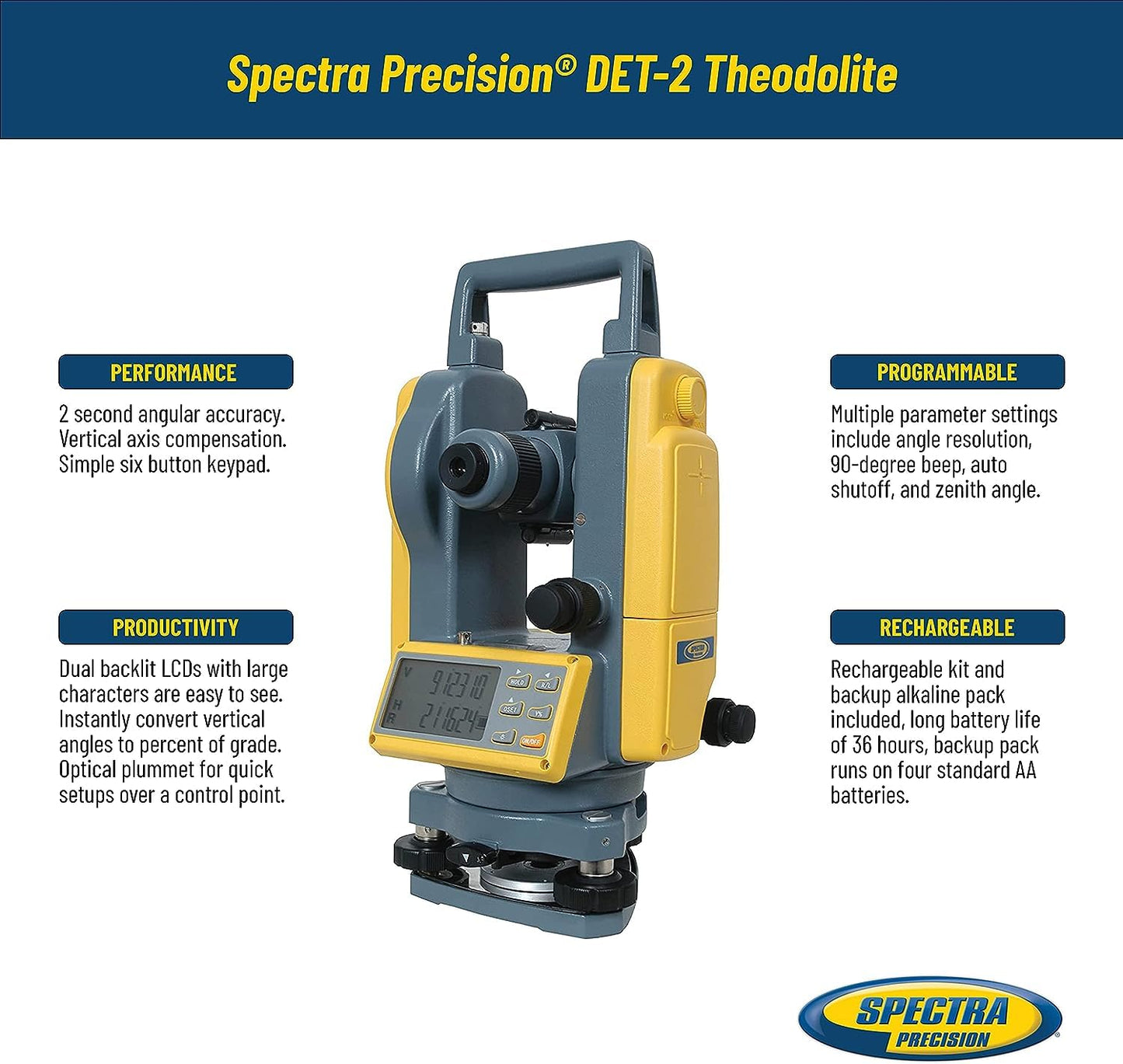 Spectra Precision DET-2 Digital Electronic Theodolite, Construction Surveying Equipment Set, Rechargeable and Alkaline Batteries, Carry Case
