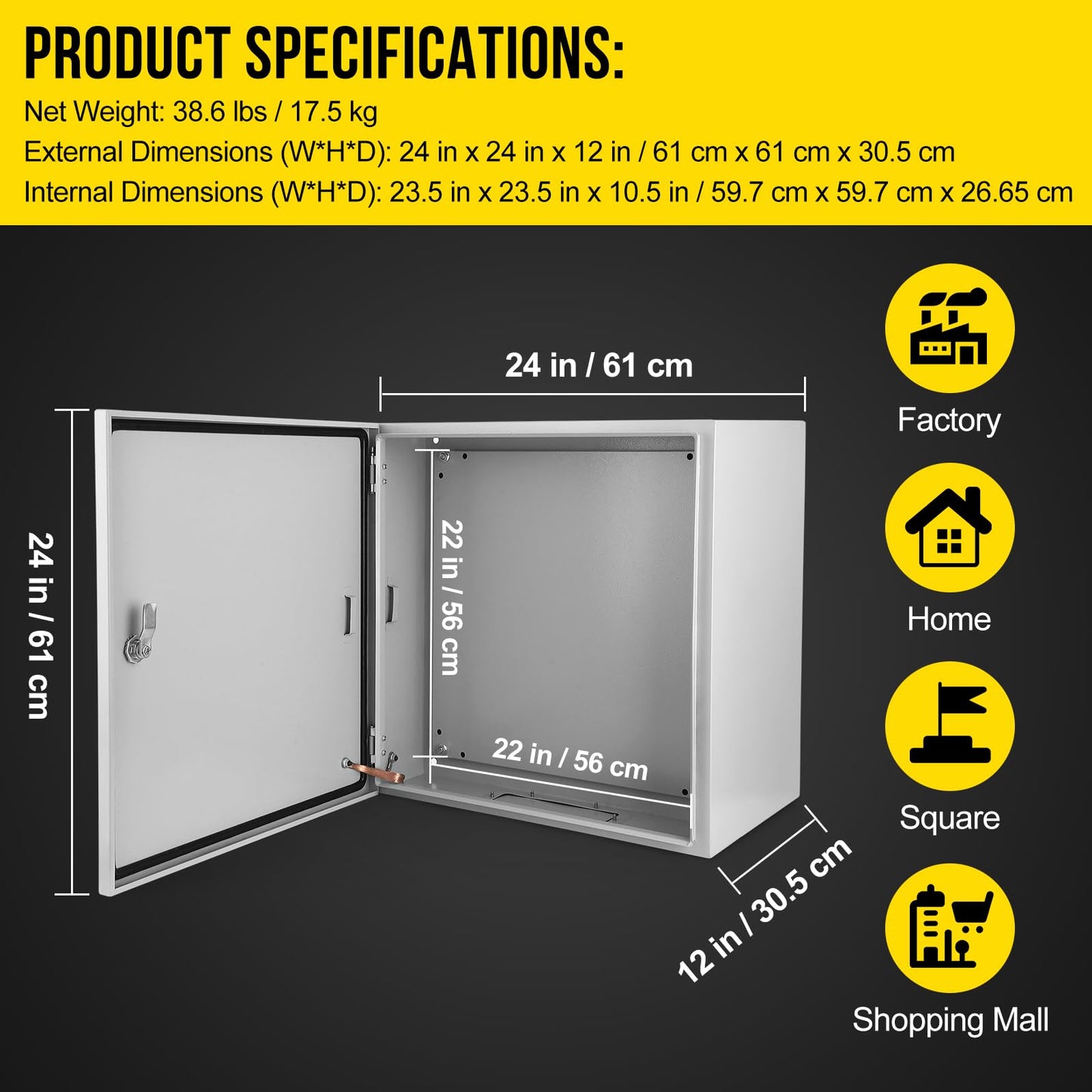Outdoor NEMA Steel Enclosure, 24x24x12 NEMA 4X Steel Electrical Box, IP66 Waterproof & Dustproof, Outdoor/Indoor Electrical Junction Box