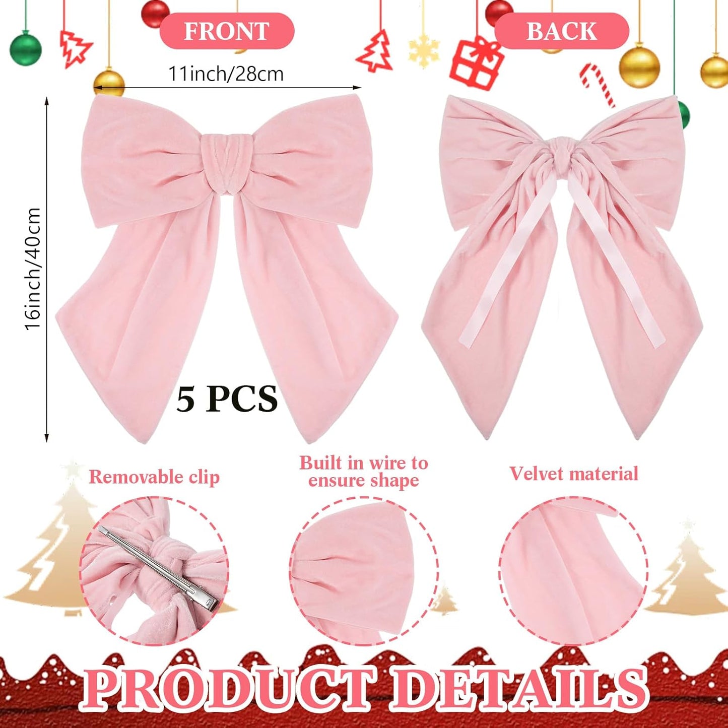 Riceshoot Velvet Bows - 5 Pcs Large 11'' x 16'' Pre-Tied Ribbon for Valentine's Gift Wrapping | Light Pink