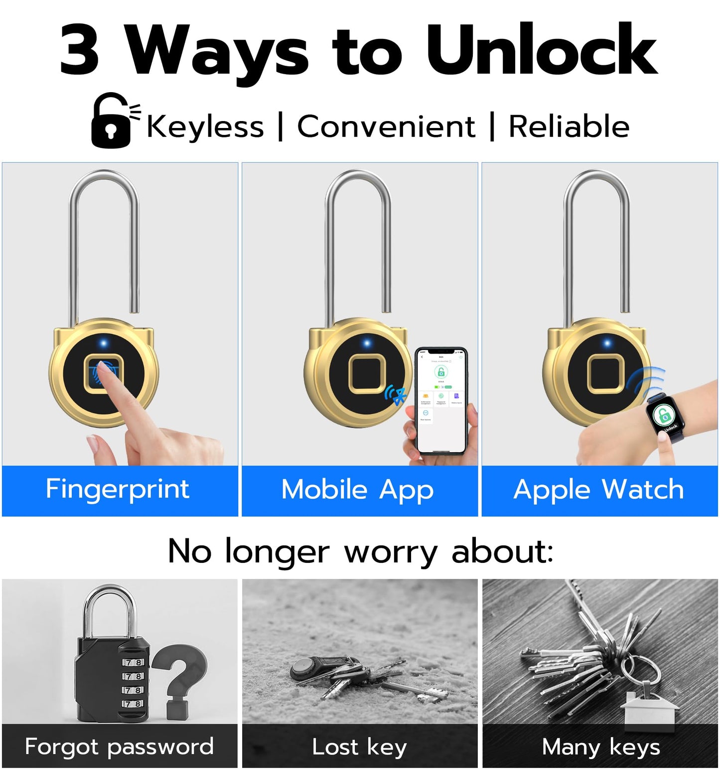 Anweller Fingerprint Gym Locker Lock, Keyless Biometric Long Shackle Small Padlock, Electronic Digital Bluetooth Smart Waterproof Pad Lock for Outdoor Fence Gate School Storage Sport Backpack Travel