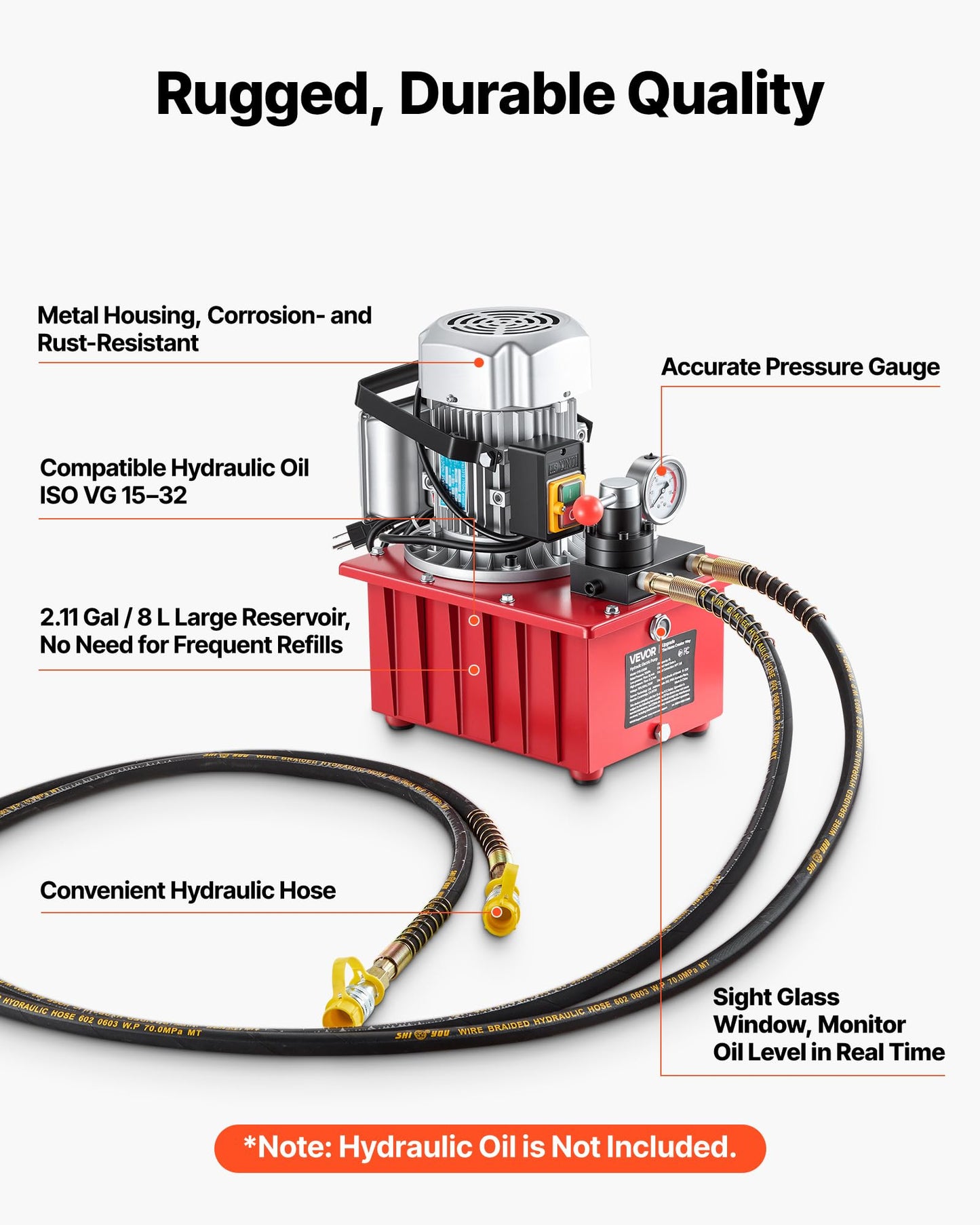VEVOR Electric Hydraulic Pump, 750W 10,000 PSI, 120V Double Acting Electric Driven Hydraulic Pump Power Pack Unit, with Manual Valve, 2.1 Gallon / 8L, for Punching, Bending, Double Acting Cylinders