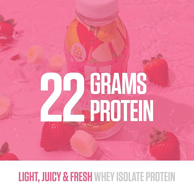 RYSE Clear Protein Shake - Strawberry Banana - 100 Calories, 22g Whey Isolate Protein, Sugar-Free, 0g Fat & Lactose-Free - Refreshing Ready-to-Drink Beverage - 16.9 fl oz Bottles (12-Pack)