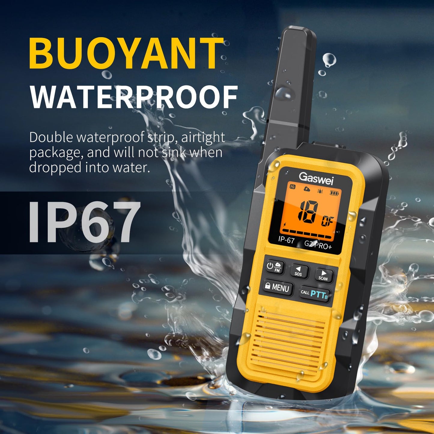 Gaswei G2Pro+ Heavy-Duty Walkie Talkies IP67 Waterproof Two-Way Radios with NOAA Weather Alert & Floating | 2-Watt Long Range for Job Sites, Hunting | Dual PTT, FM Radio, SOS, VOX（4pack）
