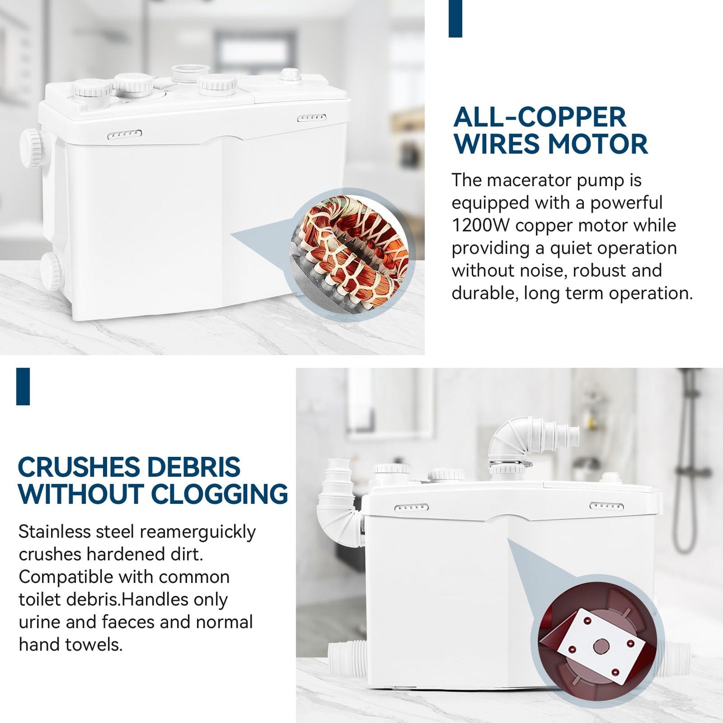 1200W Utility Sink Pump with Blade PCB Function Under Sink Pump Upflush to 39.4FT 2800GPH with 4 Water Inlets 2 Outlets Macerating Toilet System for Sink Shower Washing Machine Kitchen Basement
