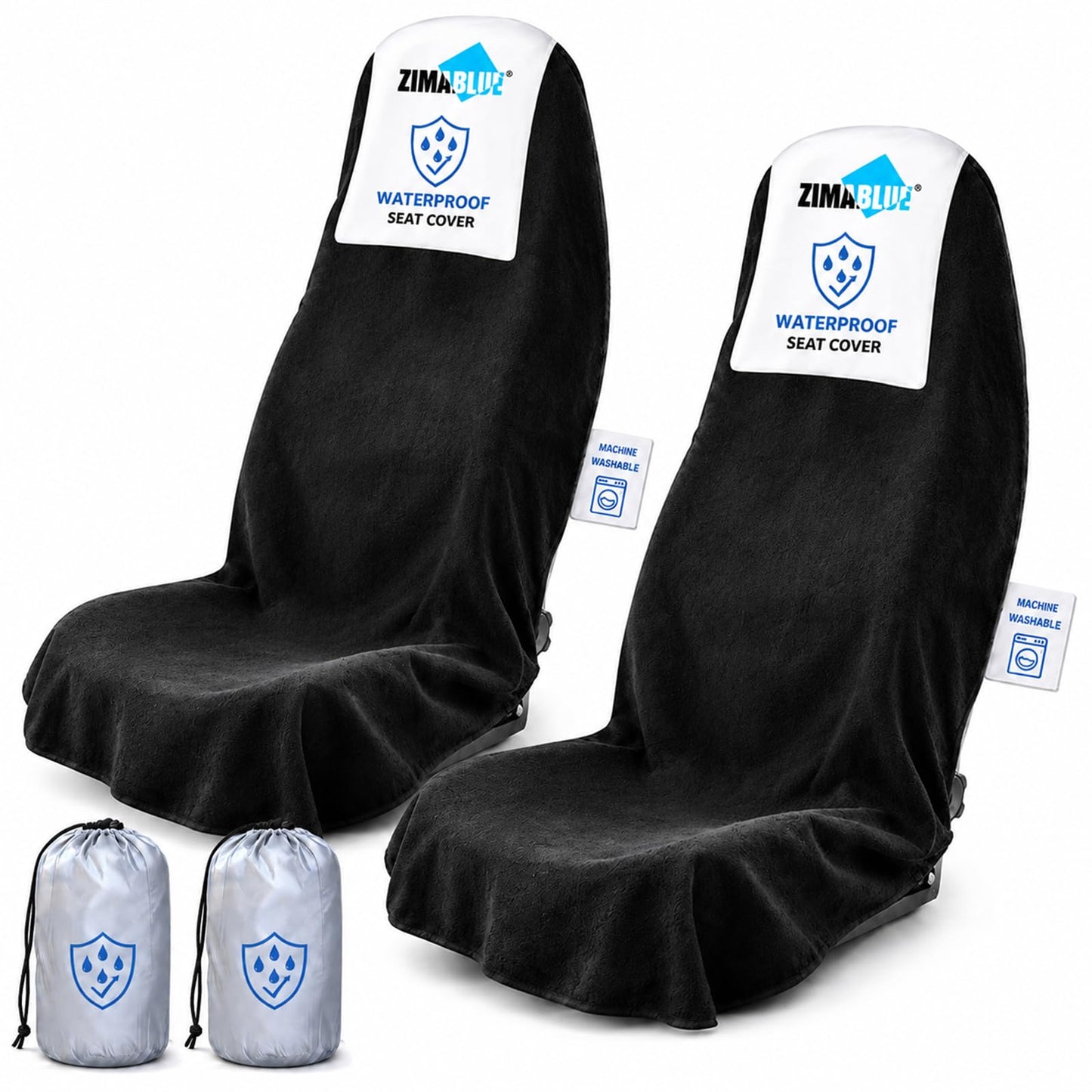 ZIMABLUE 2 Pack Waterproof Towel Car Seat Covers, 1kg Heavy Duty 3-Layer Microfiber Sweat Protector, Non-Slip Machine Washable Universal Bucket Seat Covers for Cars, SUVs, Gym, Beach, Pets, Black
