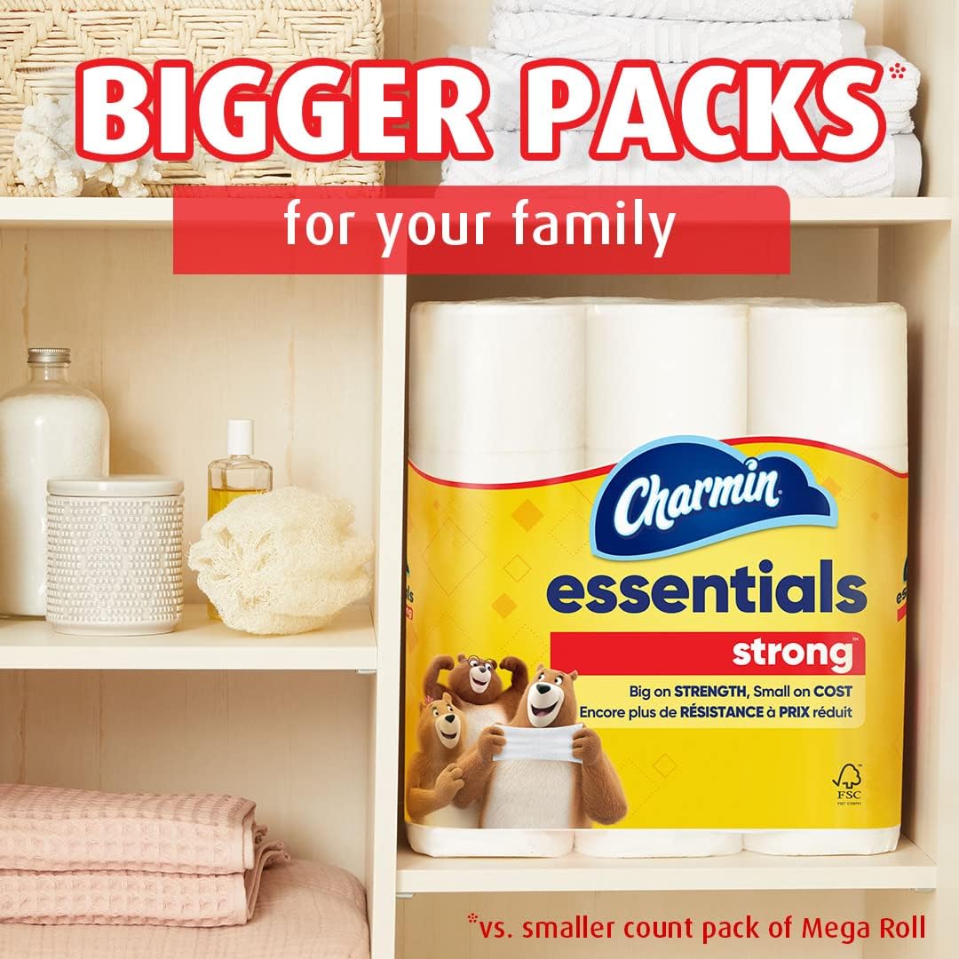 Charmin Essentials Strong Toilet Paper - 9 Mega Rolls (Equivalent to 36 Regular Rolls)