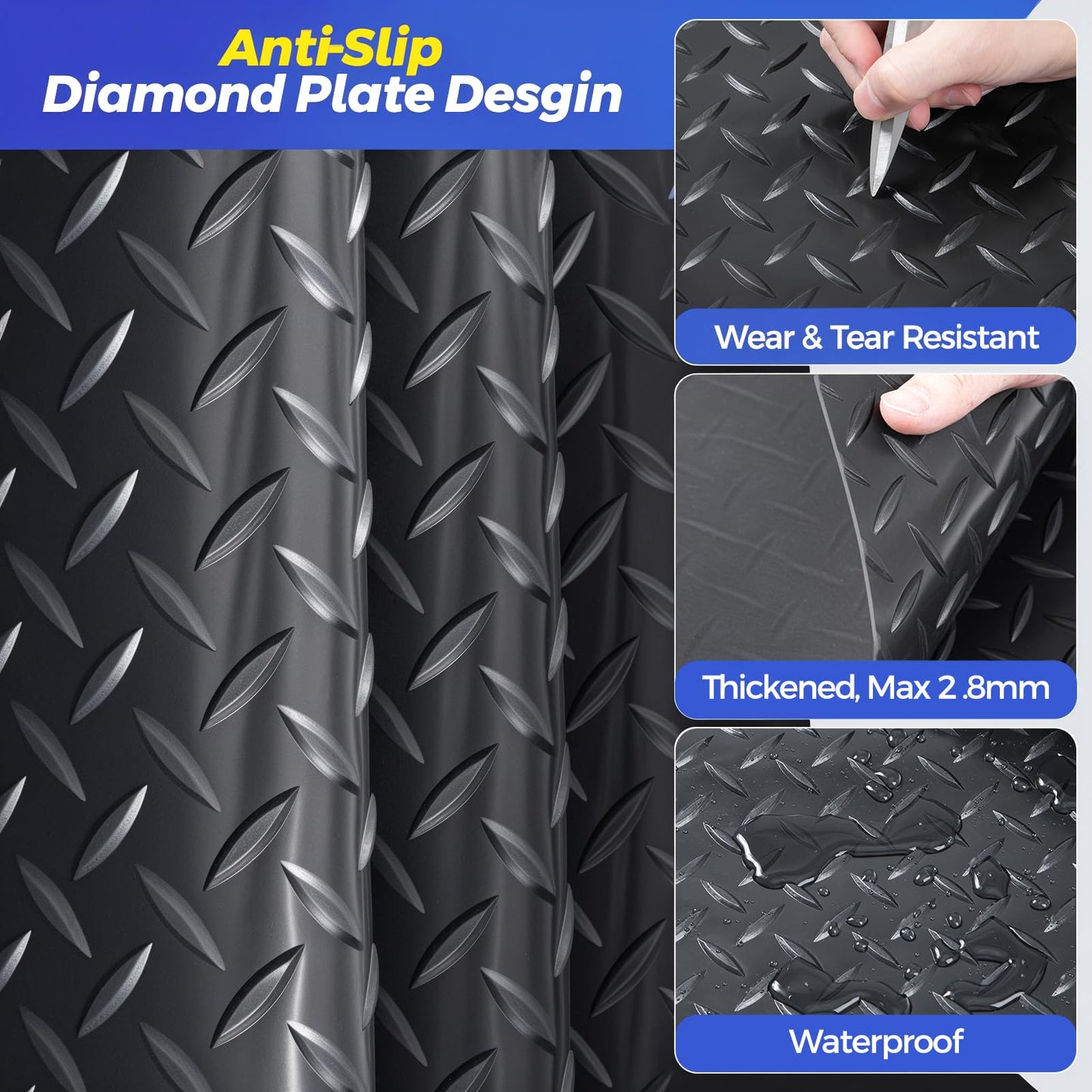 8.2x20 FT Garage Floor Mat, 2.8mm Thickened Garage Flooring Heavy Duty Rubber Garage Floor Mats for Under Car, Diamond Plate Garage Mat for Garage, Workshop, Enclosed Trailer
