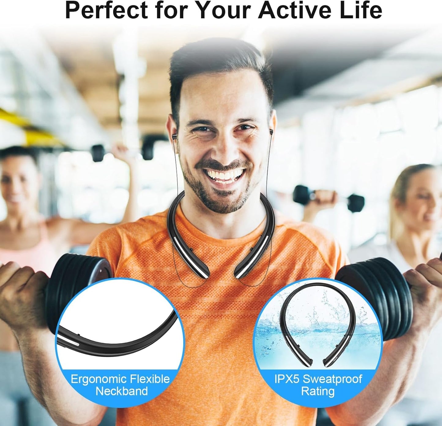 5.0 Bluetooth Neckband Bluetooth Headphone, Sweat Resistant Noise Cancelling Stereo Headphones, and Retractable Ear