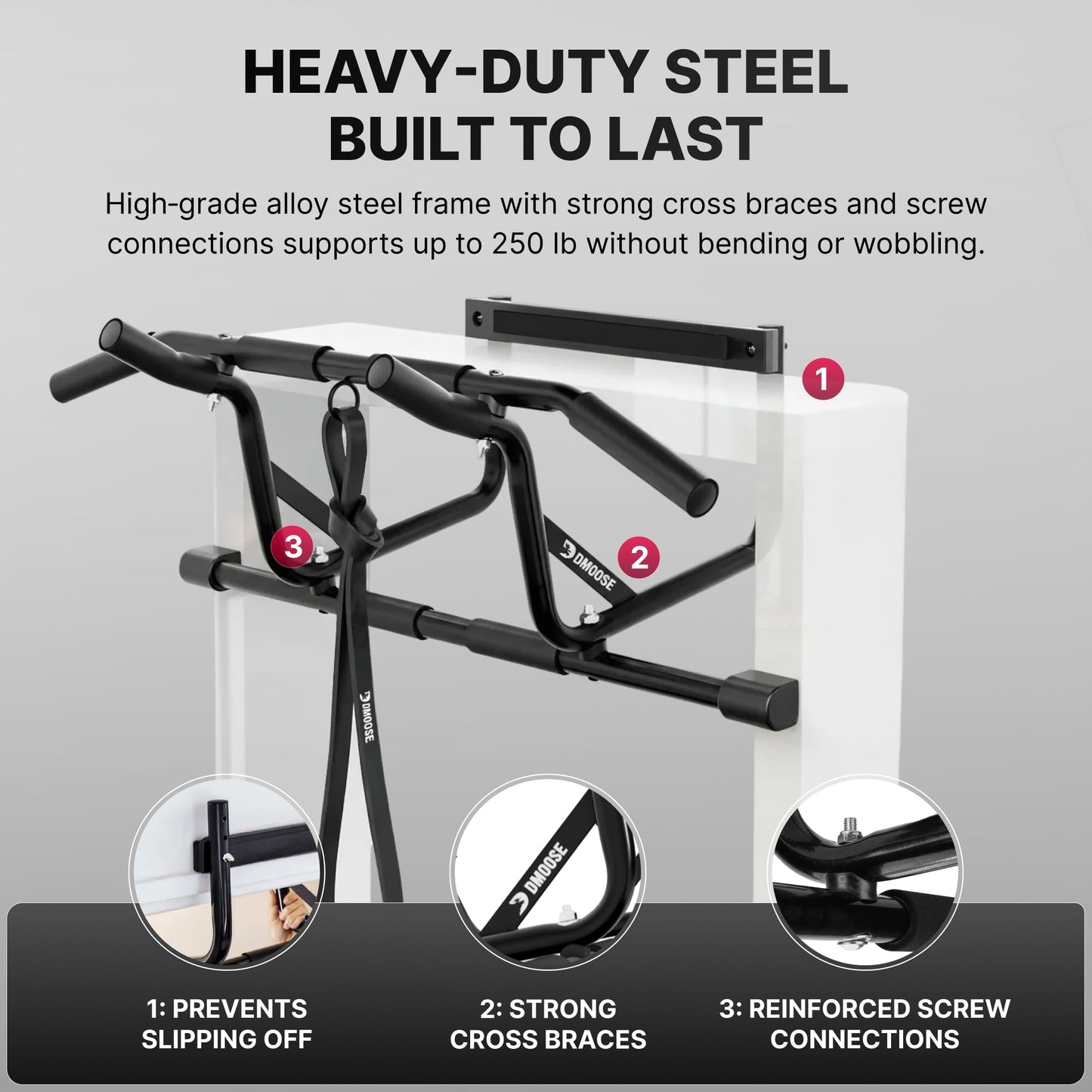 DMoose Fitness Pull Up Bar for Doorway with Pull Up Band - 250 lb Capacity, No Screws, Multi-Grip Chin Up Bar for Home Workouts, Upper Body & Strength Training - Includes Installation Guide