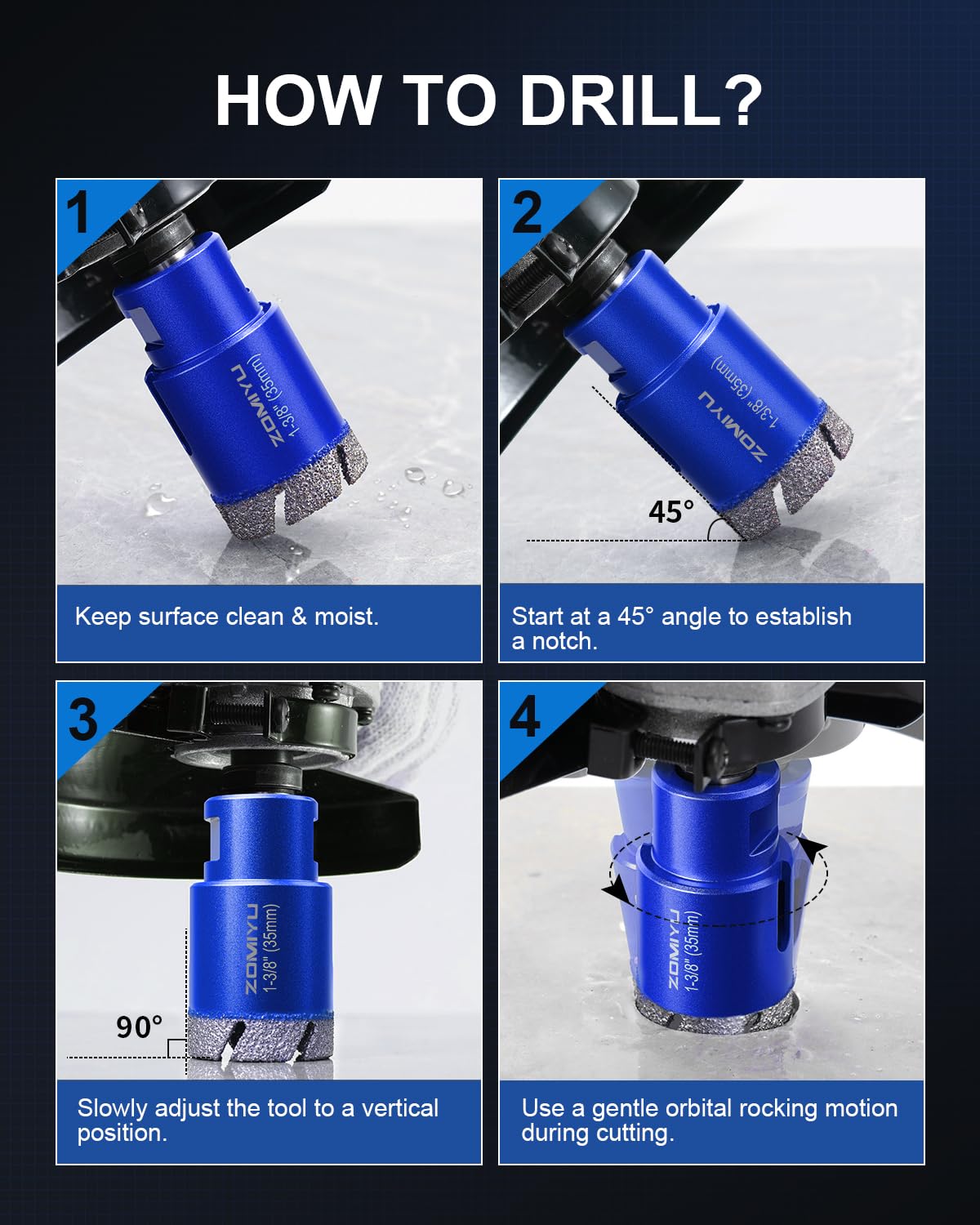 ZOMIYU Diamond Hole Saw Kit, 15PCS Diamond Drill Bits Set 1/4" 5/16" 4/5" 1" 1-3/8" 2" 3" 4", Vacuum Brazed Tile Hole Saw for Porcelain Tile, Granite, Marble, Stone