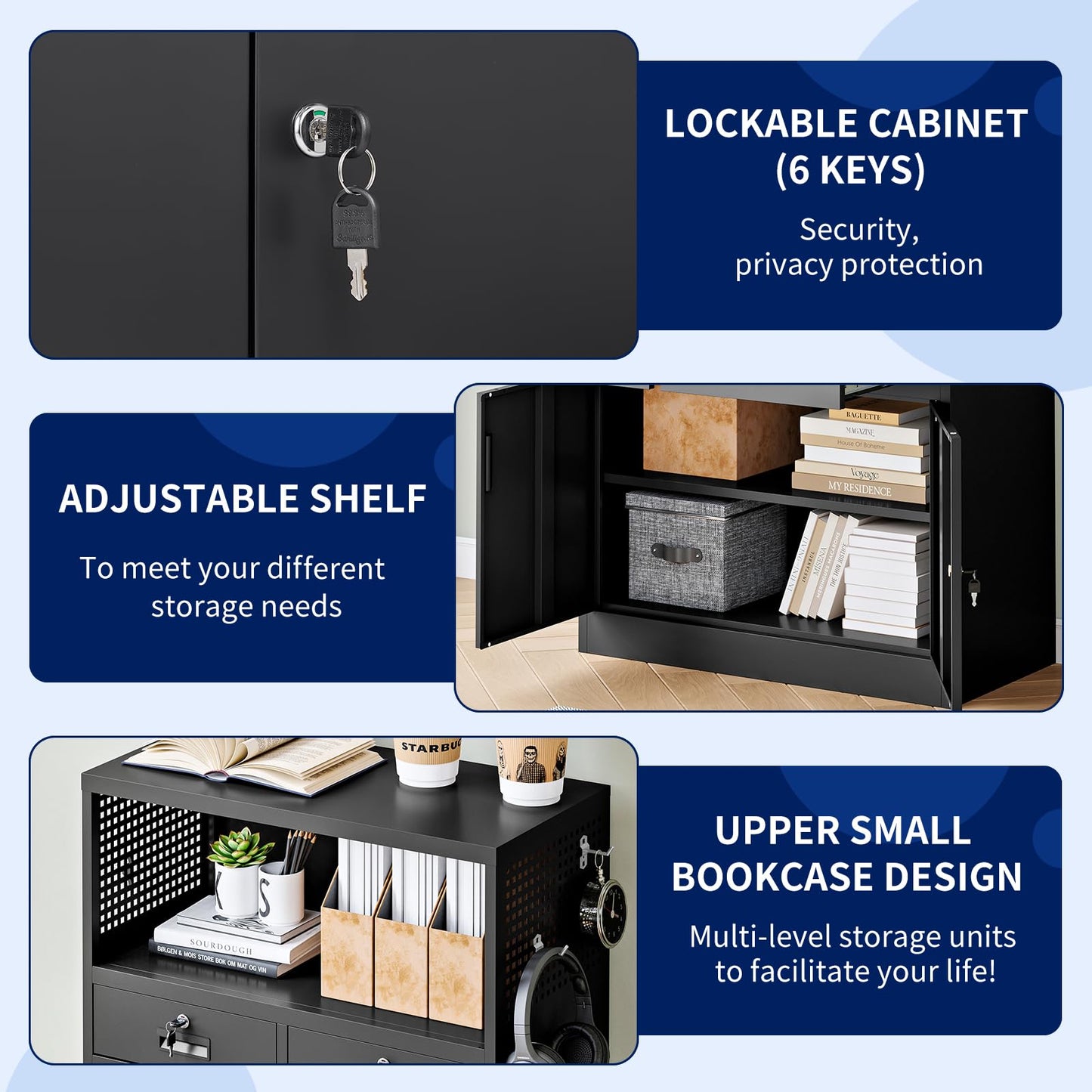 Yizosh Metal Storage Cabinet with 2 Drawers and Locking Doors,- 41.3" Steel Lockable Storage Cabinet with Shelves for Home Office,Garage,School (Black)