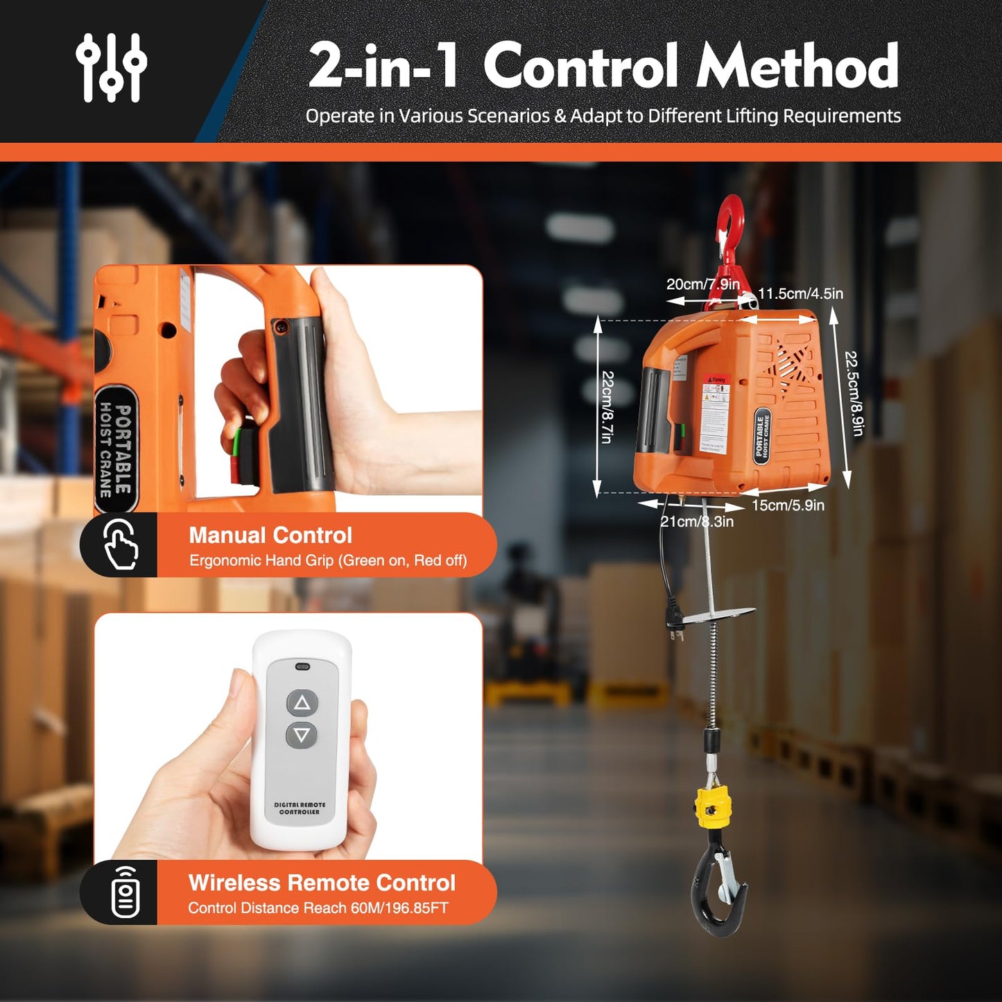 NOLANTISI 2 in 1 Electric Hoist Winch - 2200LBS 38FT 110V Manual, Wired and Wireless Remote Control for Factories, Warehouses, Garages, Etc