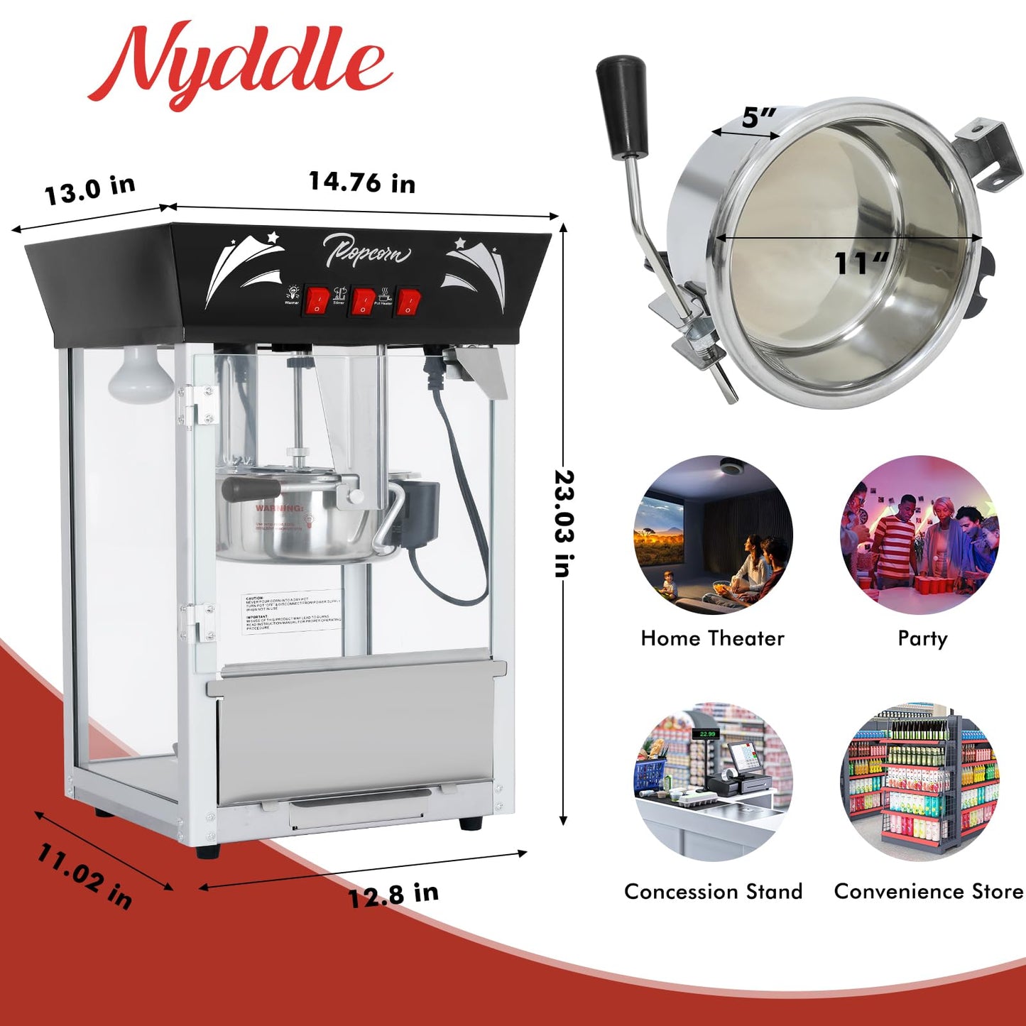 Popcorn Maker Machine,12 Ounce Kettle Stainless Steel Commercial Popcorn Machine with Tempered Glass,Warming Deck, 900W Countertop Popcorn Popper for Parties (Black, 12 Ounce)