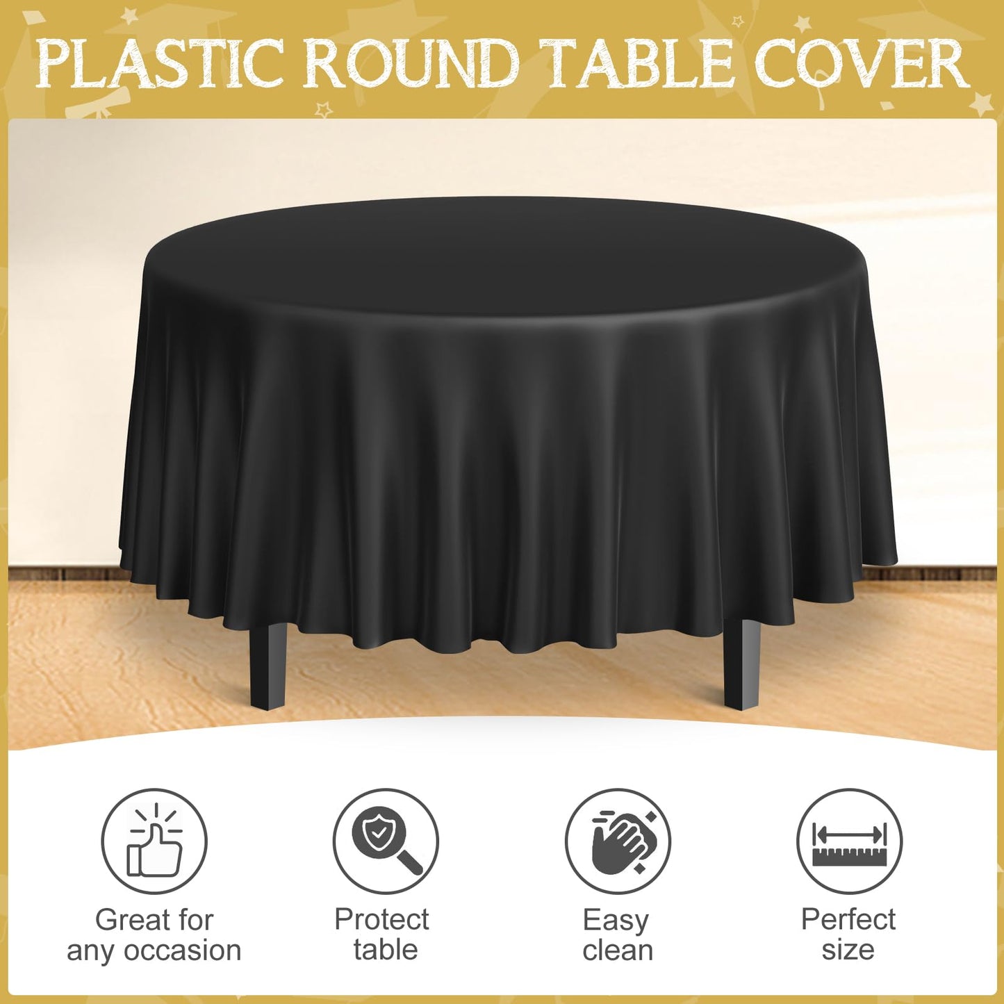 MASHAN 12 Pcs Black and Gold Plastic Tablecloths Bulk,84 Inch Disposable Round Party Table Cloth Waterproof Table Cover for Birthday Wedding Anniversary Graduation Party Decorations Supplies
