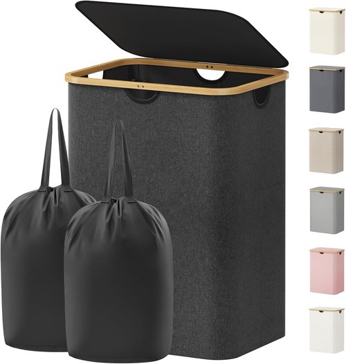 Lifewit 150L Laundry Basket - Foldable Hamper with Lid & Bamboo Handles | Dark Gray, 2 Removable Bags
