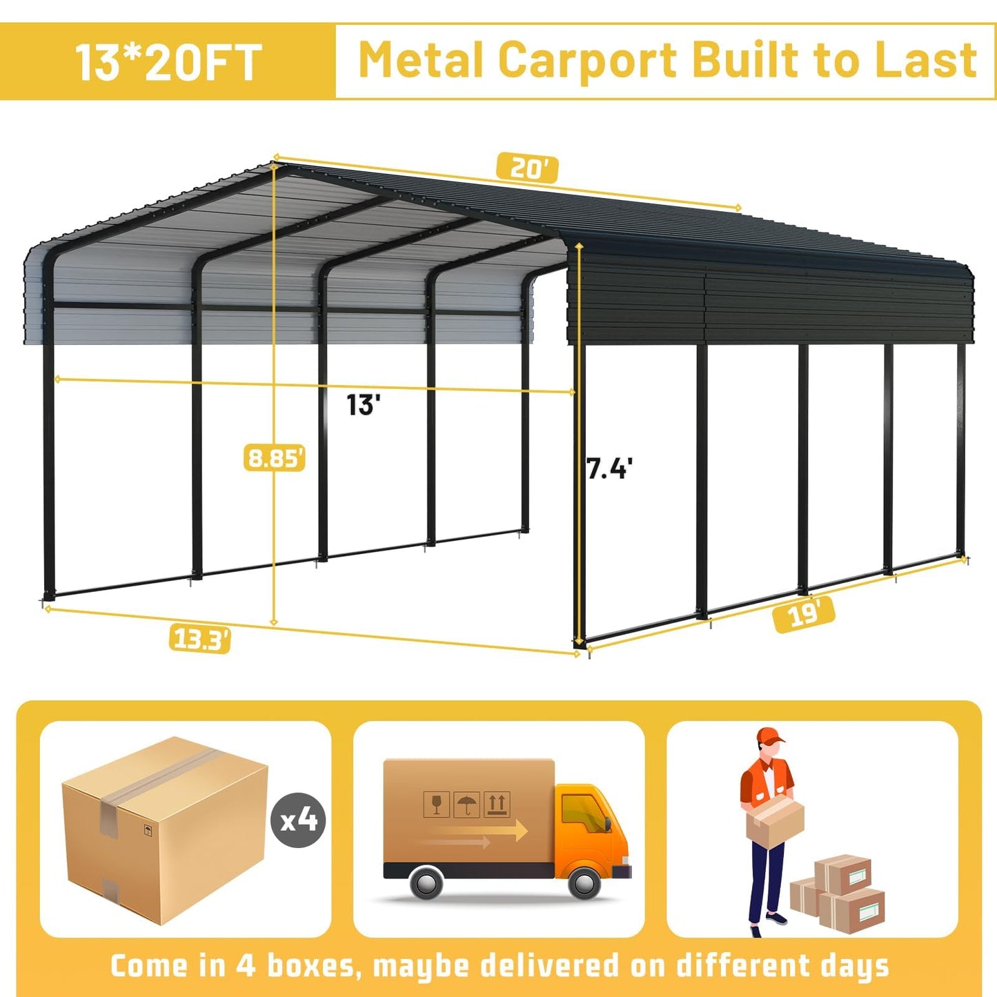 13x20FT Heavy Duty Metal Carport, Galvanized Steel Frame & Roof with Reinforced Base, All-Weather Outdoor Shelter for Vehicles, Boats and Outdoor Storage