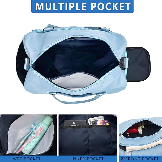 woogwin Small Gym Bag for Men & Women with Shoes & Wet Compartment Waterproof Duffle Bag for Travel Sports Workout Overnight Weekender (17.7'',Blue)
