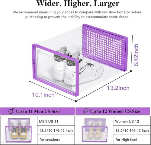 Kuject X-Large Shoe Storage Boxes - Clear Plastic Stackable 12-Pack | Sneaker & Toy Organizer Bins in Purple