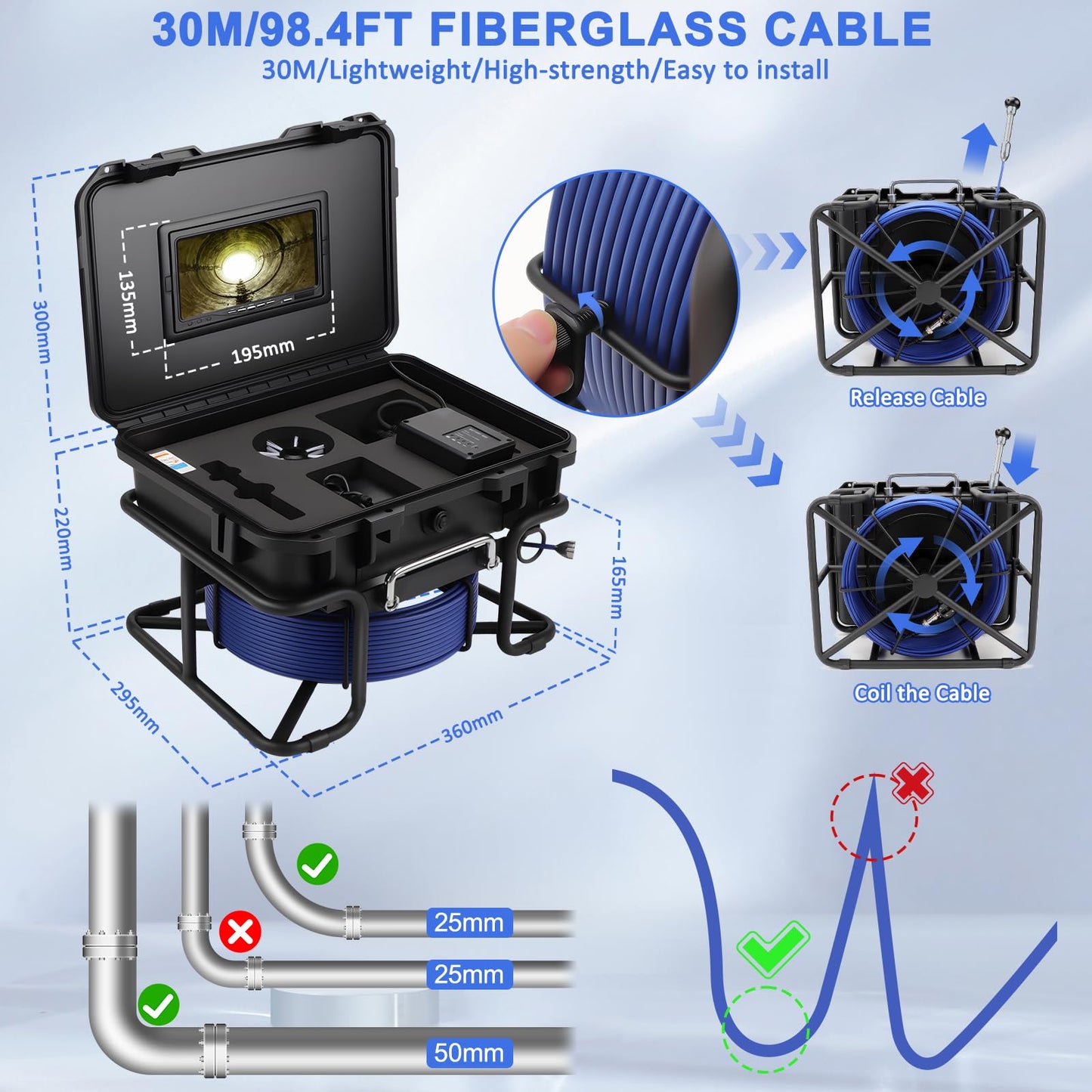 Sewer Camera,Pipe Drain Inspection Camera with DVR, Plumbing Snake Camera with Light, 7'' HD 1080P IPS Screen,16X Digital Zoom,32GB Card,100FT/30M,IP68 Waterproof Borescope for Industrial Plumber