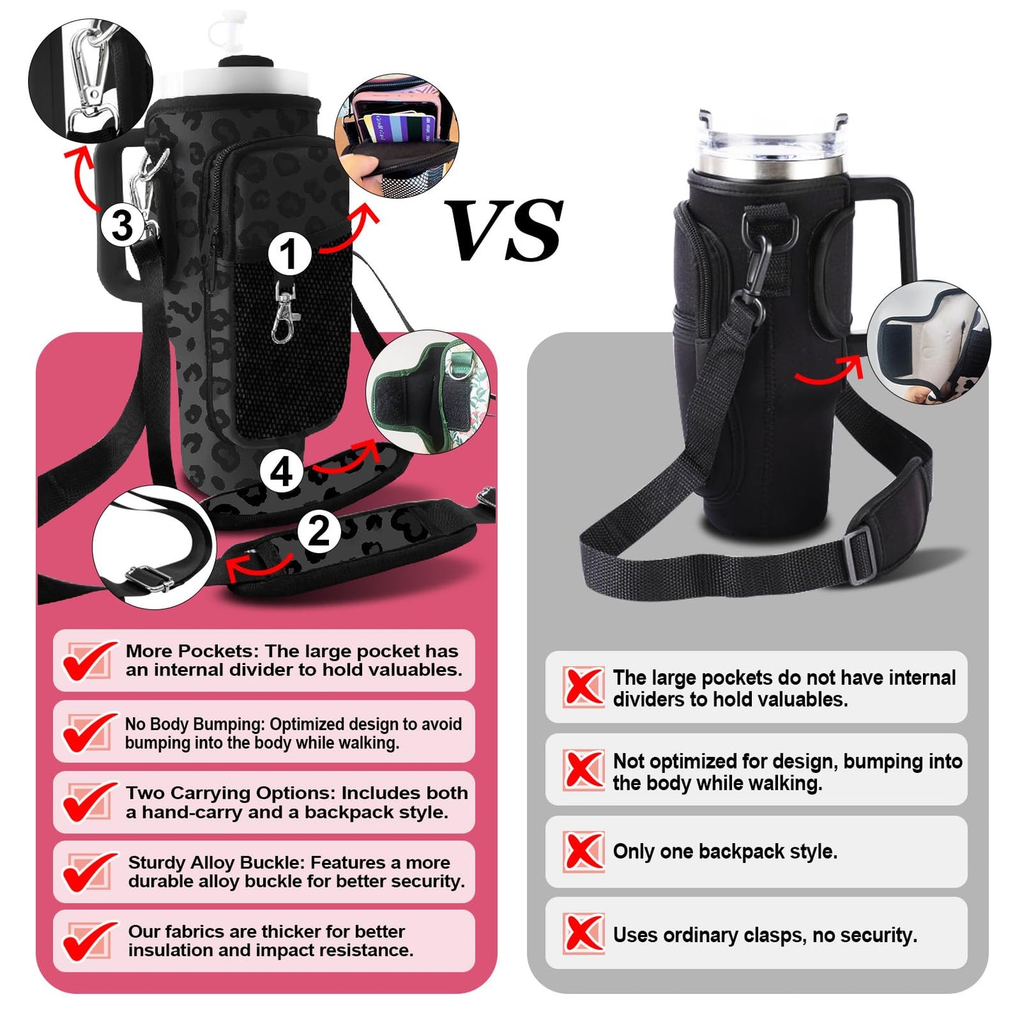 LAOTANGJIA Leopard Print Black Stanley Water Bottle Carrier Bag 40oz/30oz Tumbler with Phone with 2 Adjustable Strap 3 Pockets Bottle Stanley Cup Carrier Bag & Case Accessories for Hiking Travelling