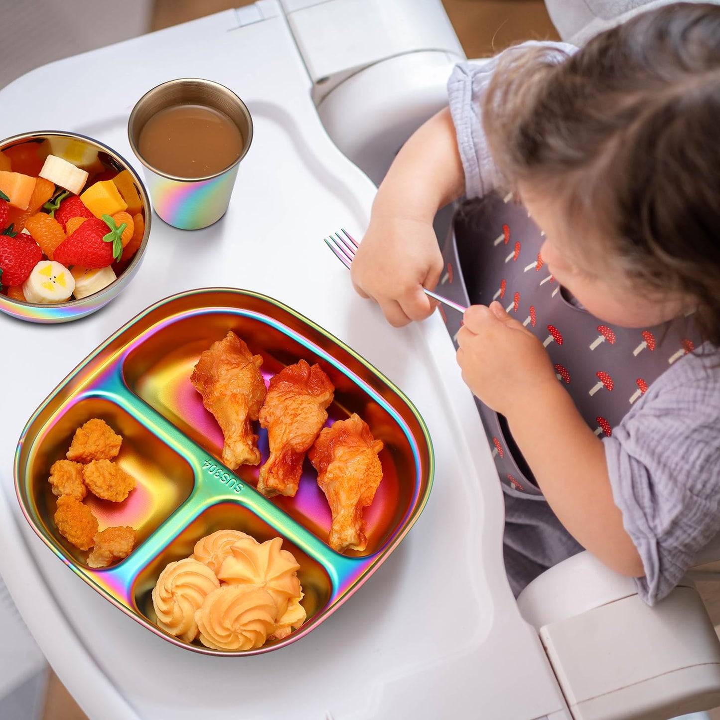 Tioncy 5 Pcs Stainless Steel Kids Dinner Set, 1 Bowl, 1 Balanced Bites Divided Plate, 1 Cup, 1 Spoon and 1 Forks, Stainless Steel Lunch Plates Dinnerware Set for Kids Toddlers(Classic)
