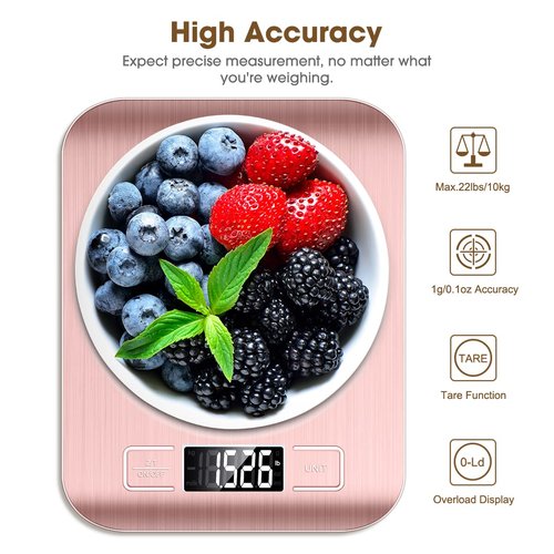 Mik-Nana Digital Kitchen Scale - 10kg/22lb Capacity, Pink Color, Precise 1g Graduation, Easy Clean Stainless Steel